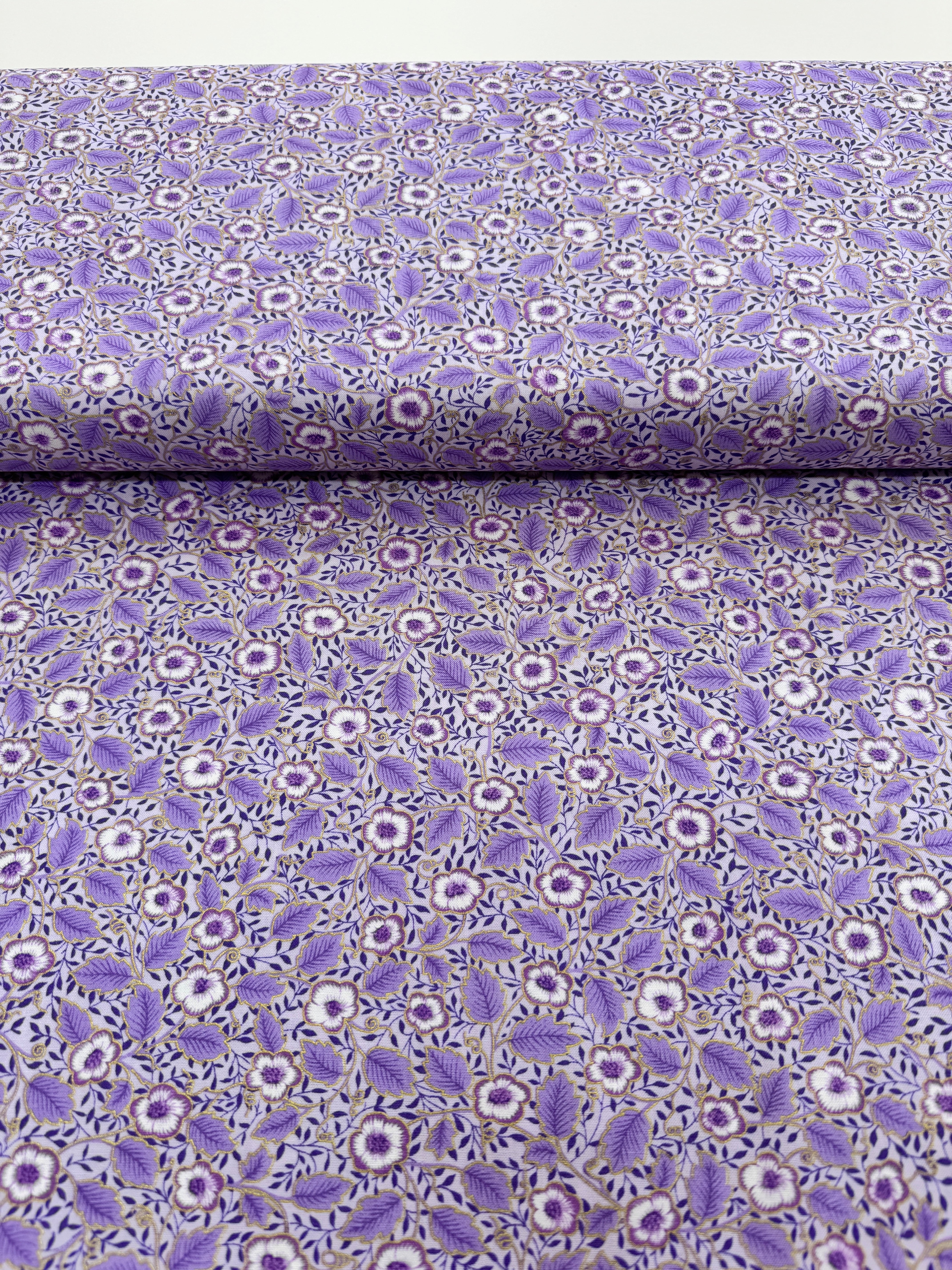 Luminous - Small Floral with Leaves Purple Metallic Yardage