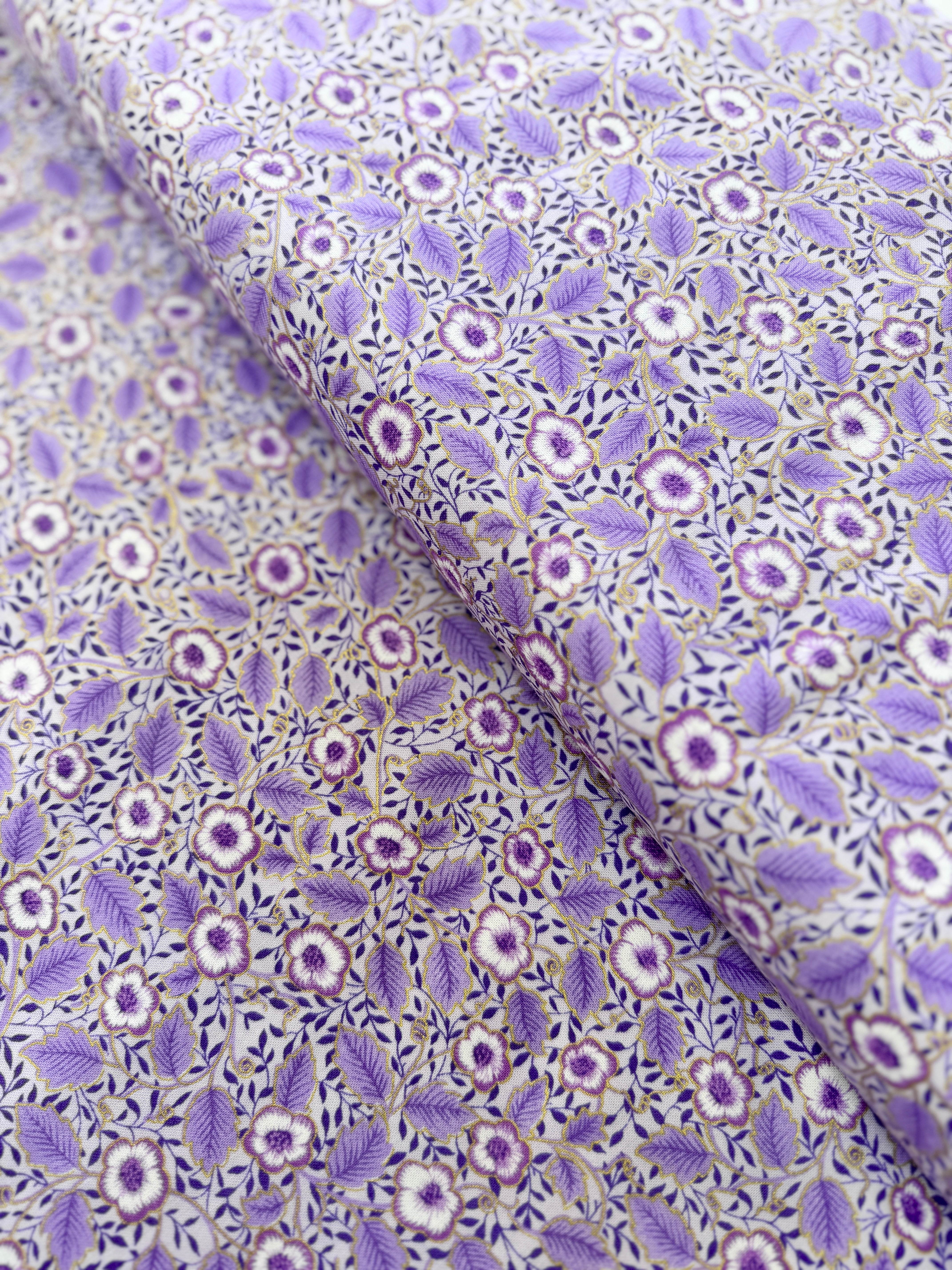 Luminous - Small Floral with Leaves Purple Metallic Yardage