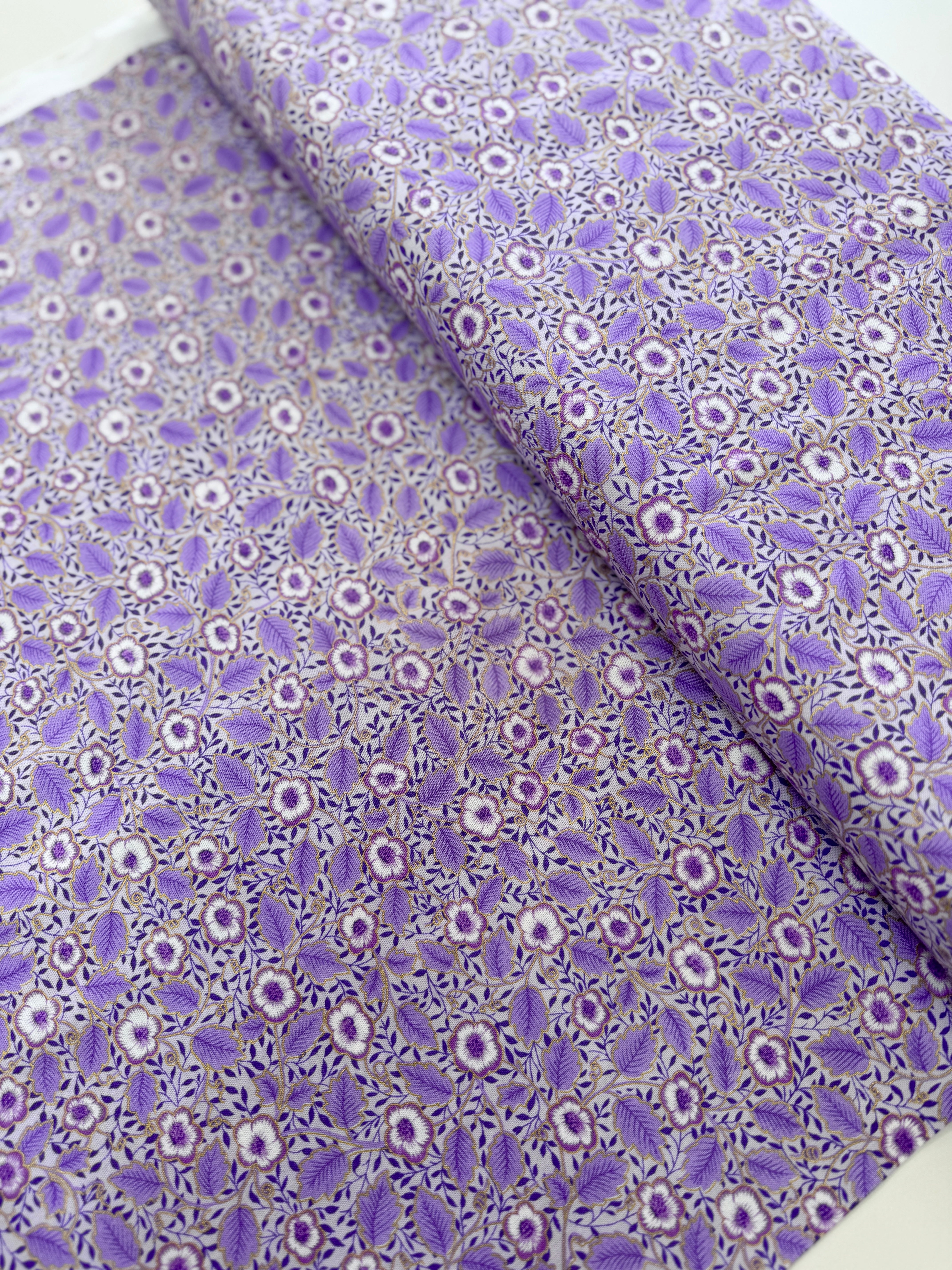 Luminous - Small Floral with Leaves Purple Metallic Yardage