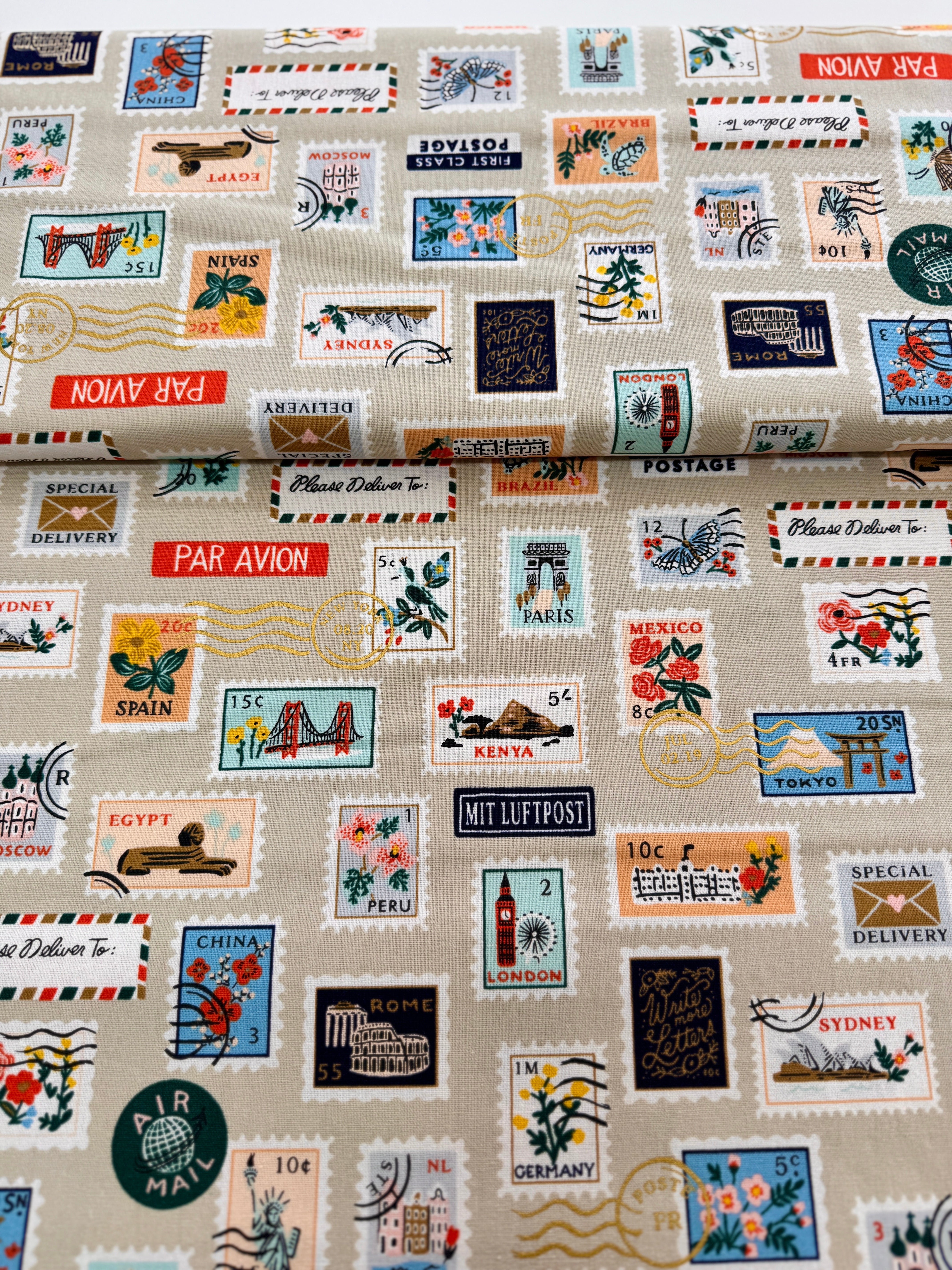 Bon Voyage - Postage Stamps Natural Unbleached Canvas Metallic Yardage
