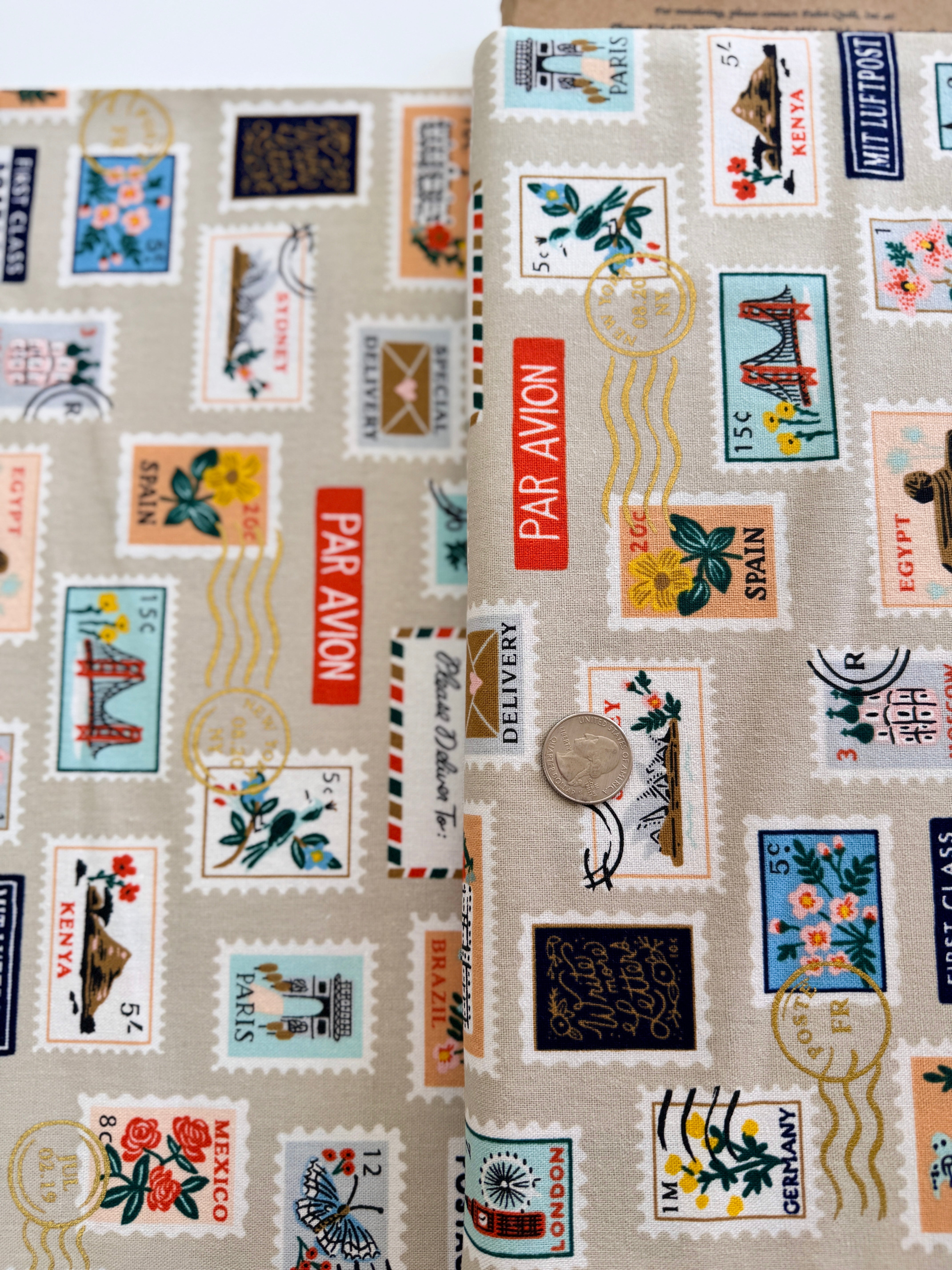Bon Voyage - Postage Stamps Natural Unbleached Canvas Metallic Yardage
