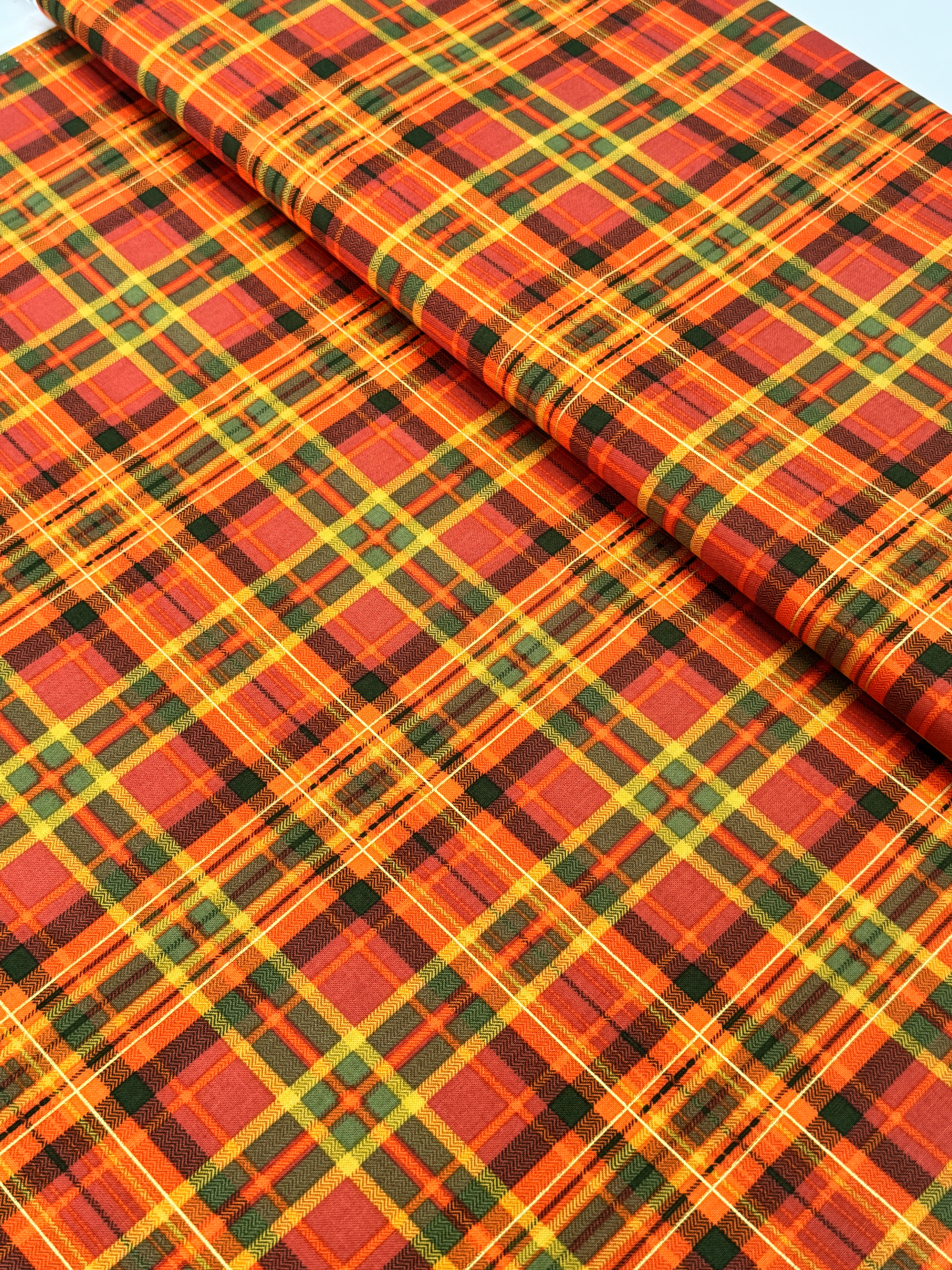 Thankful Tartan Plaids Pumpkin Metallic fabric by Timeless Treasures, detail view