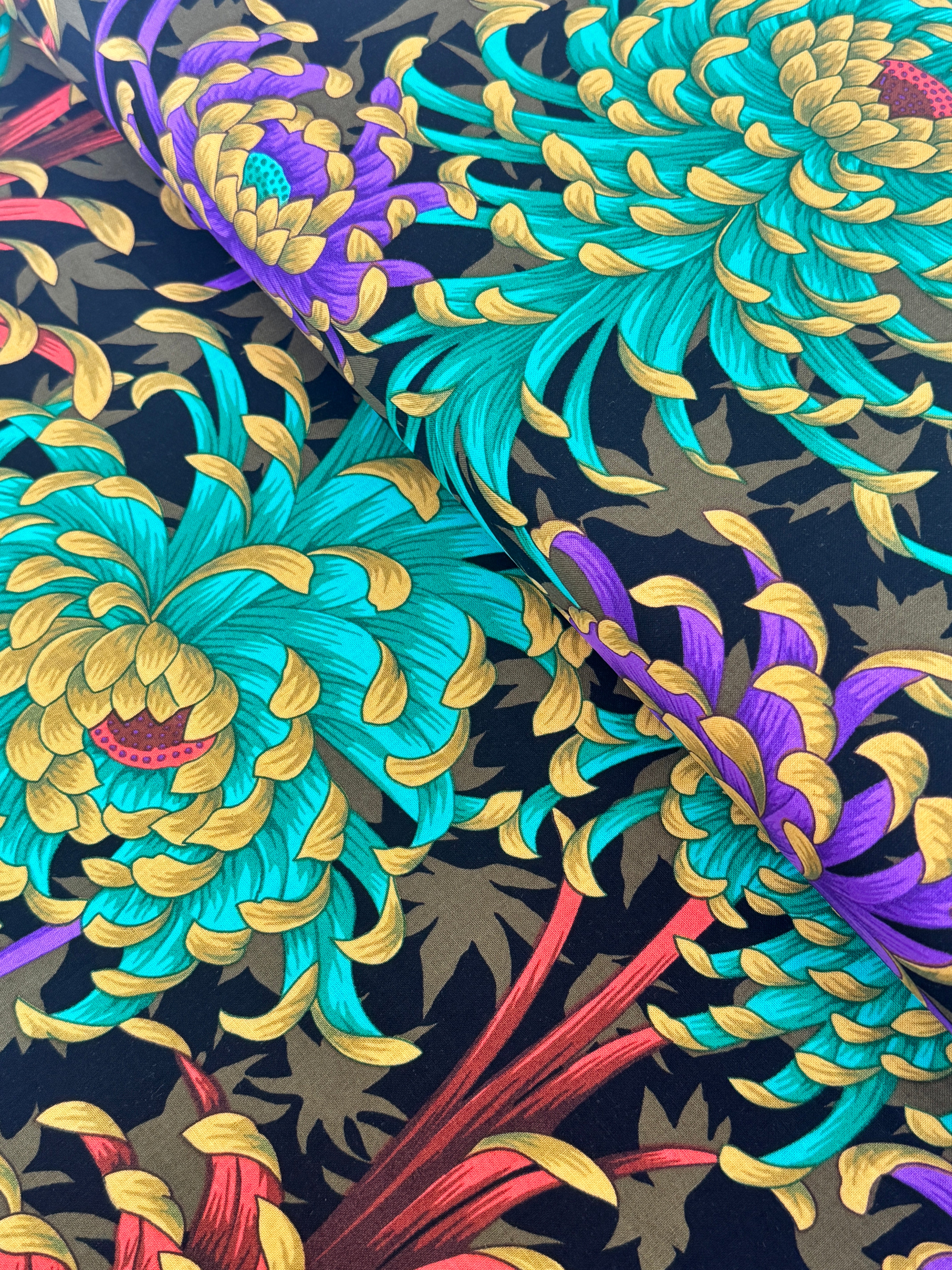 Kaffe Fassett Collective Spider Mums Dark cotton fabric by Philip Jacobs for FreeSpirit Fabrics, detail view