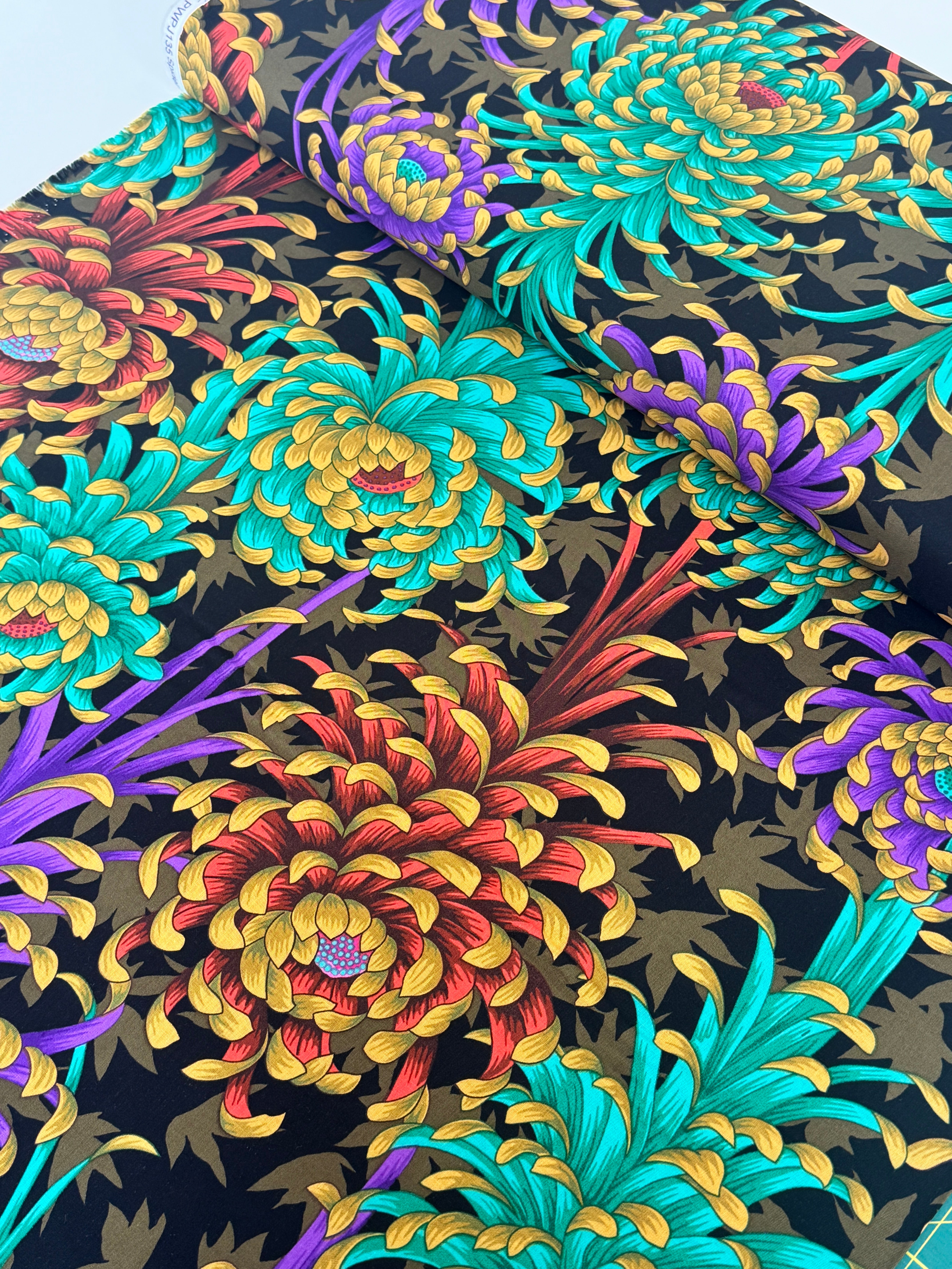 Kaffe Fassett Collective Spider Mums Dark cotton fabric by Philip Jacobs for FreeSpirit Fabrics, close-up