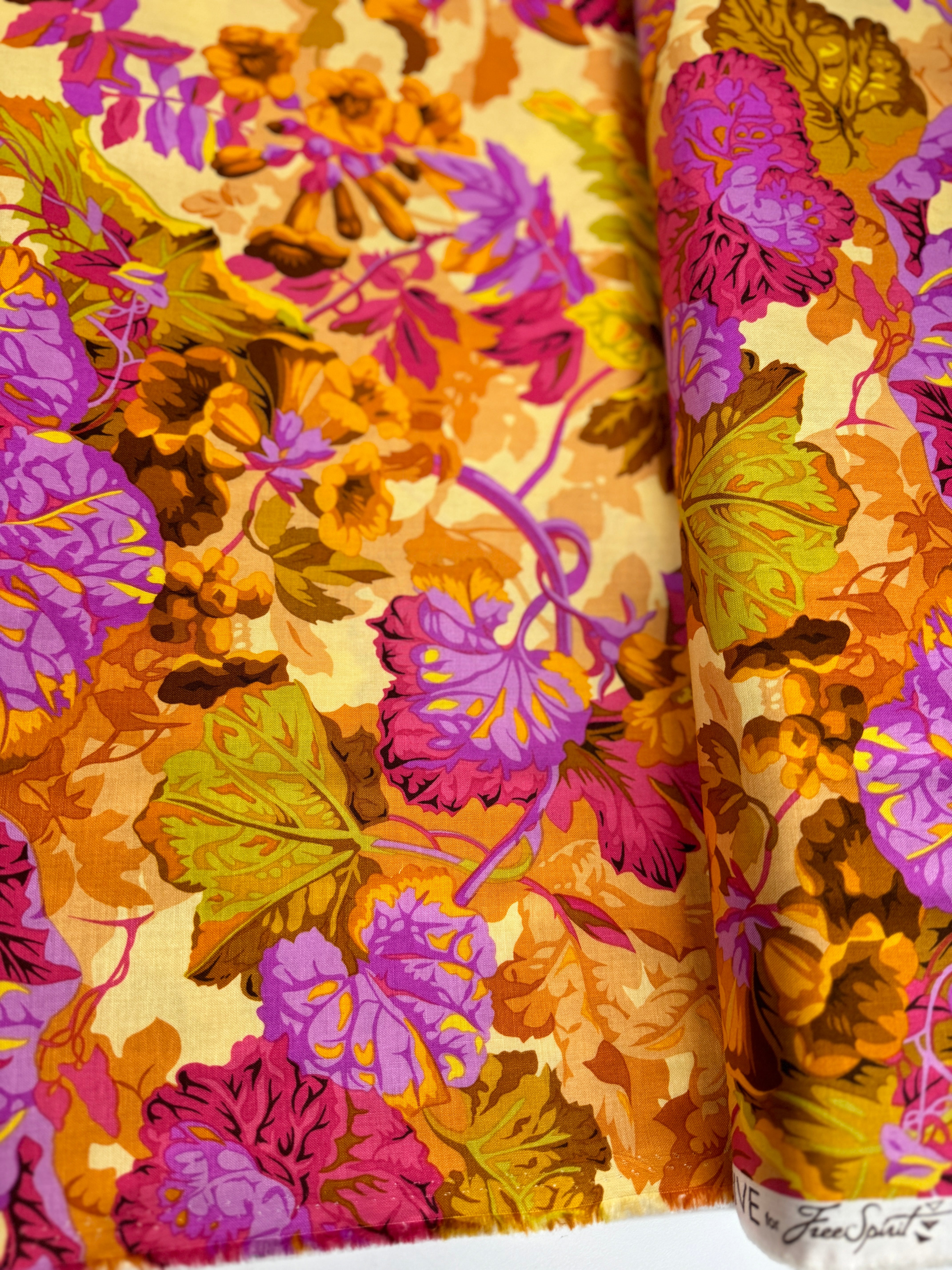 Kaffe Fassett Collective Grandiose Ochre fabric by Philip Jacobs for Free Spirit Fabrics, bold floral quilting cotton