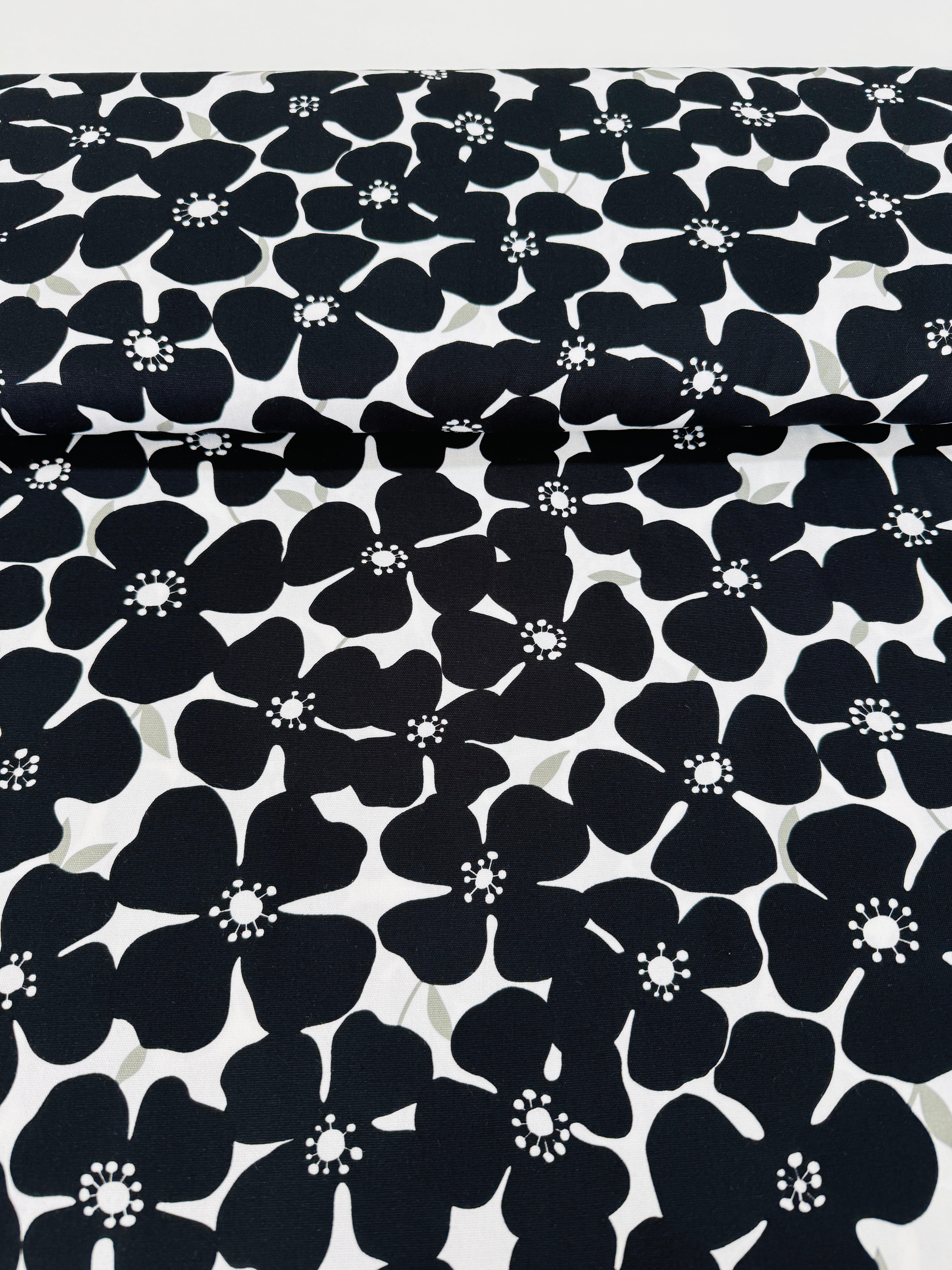 Sevenberry Canvas Prints - Florals Black/White fabric by Robert Kaufman, 100% cotton canvas with black floral outlines on white background.