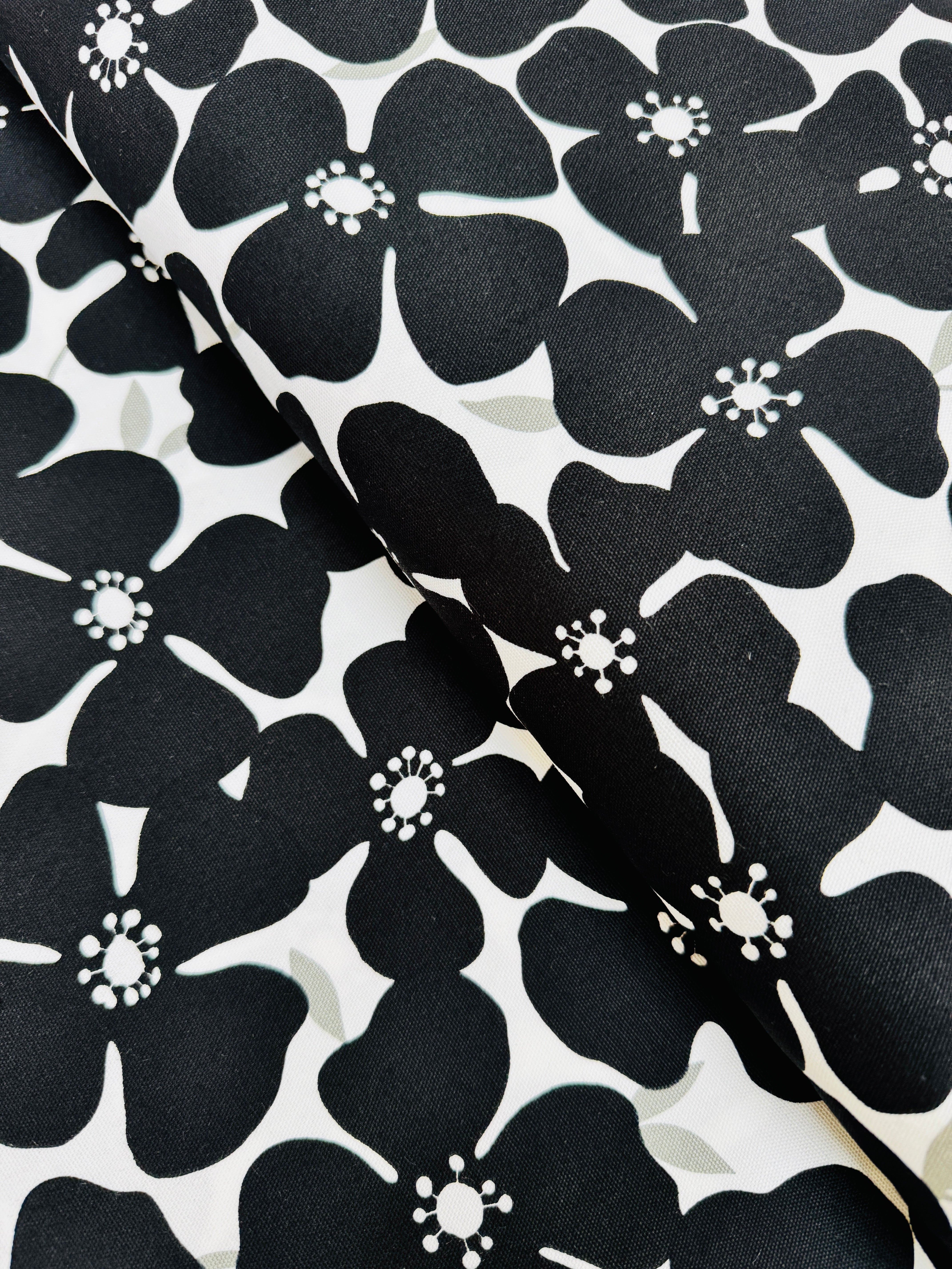 Sevenberry Canvas Prints - Florals Black/White fabric by Robert Kaufman, 100% cotton canvas with black floral outlines on white background.