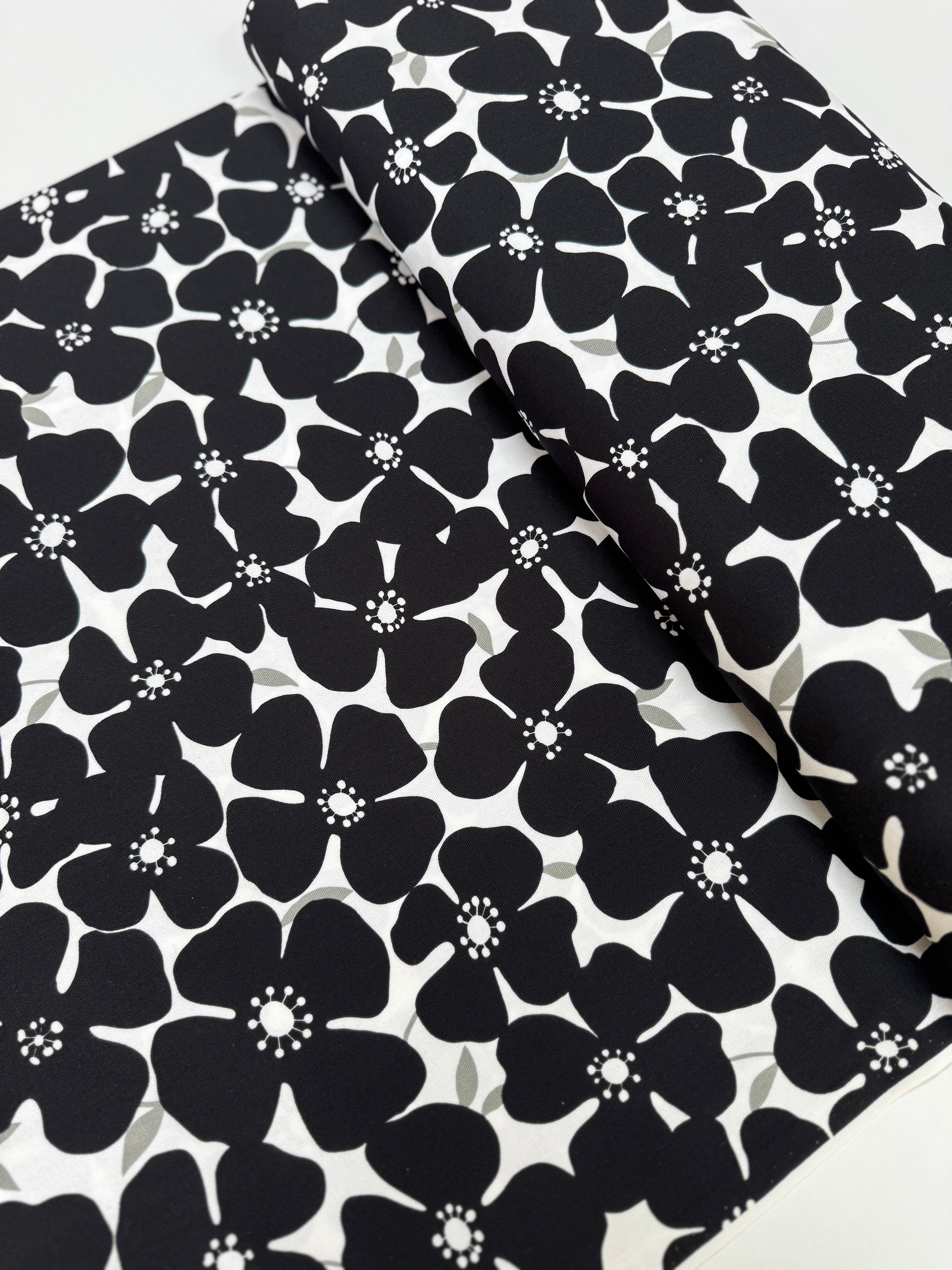 Sevenberry Canvas Prints - Florals Black/White fabric by Robert Kaufman, 100% cotton canvas with black floral outlines on white background.