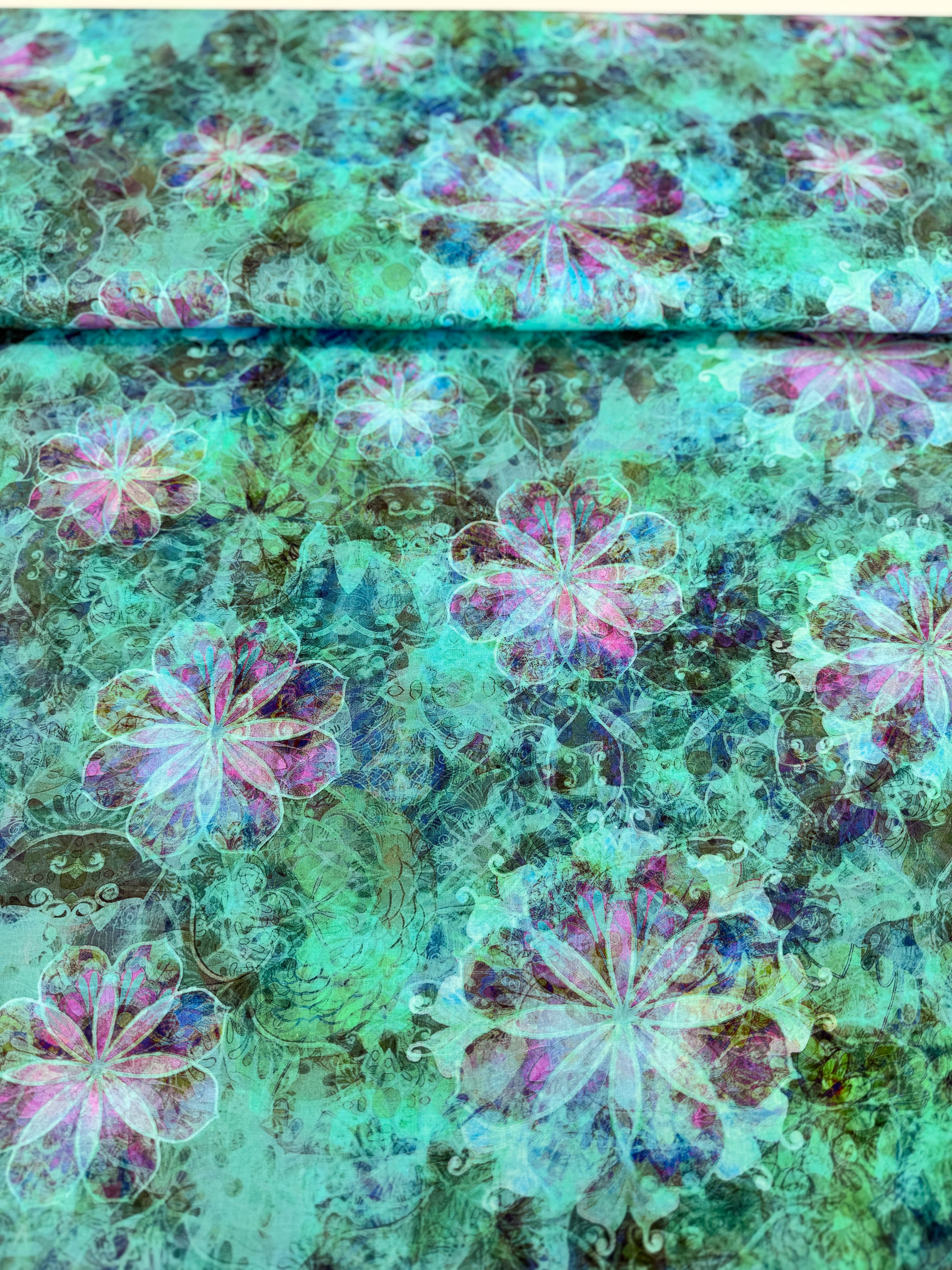 Venice - Florals Turquoise fabric by Christiane Marques for Robert Kaufman with bold painterly floral print on 100% cotton.