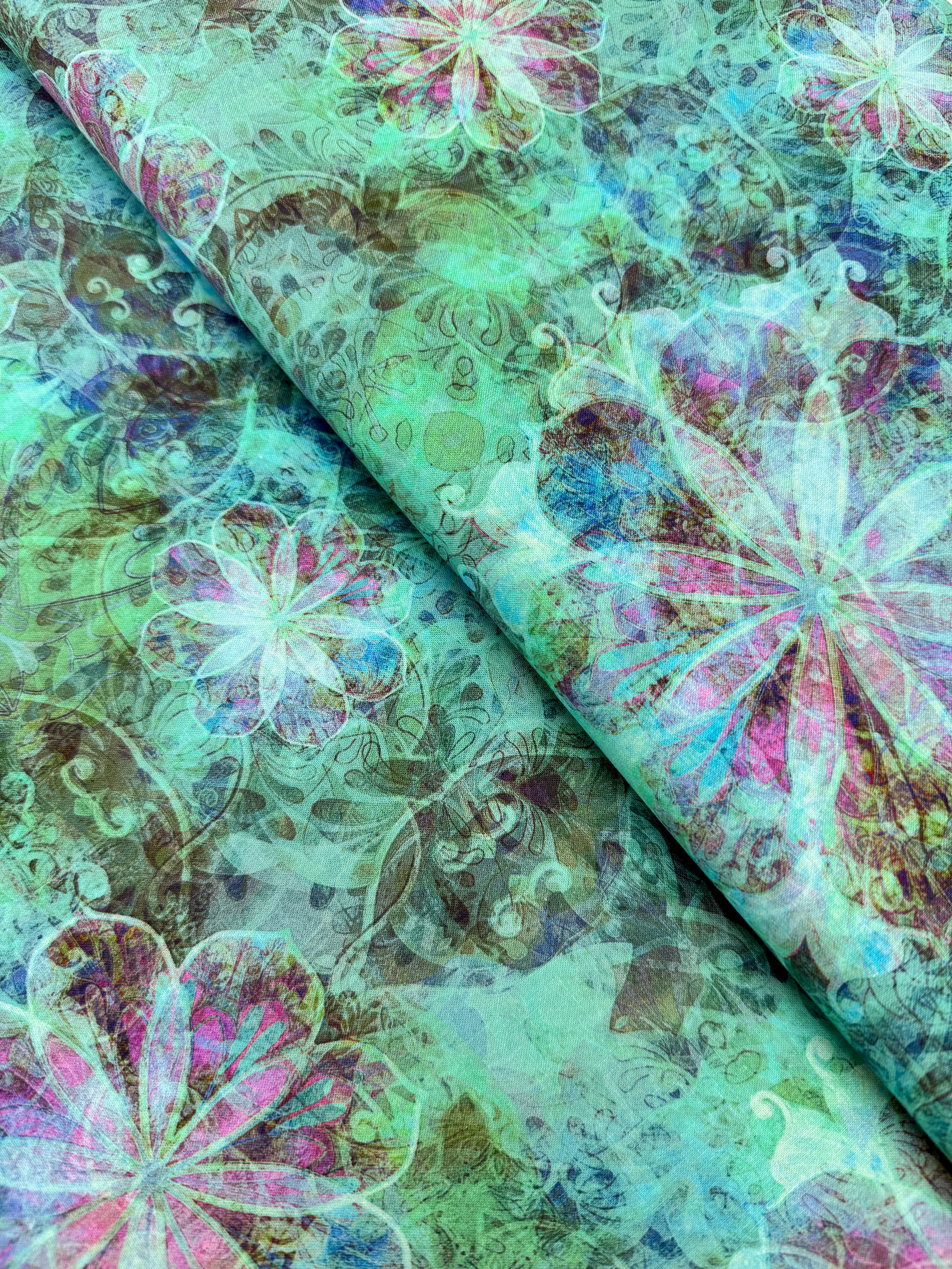 Venice - Florals Turquoise fabric by Christiane Marques for Robert Kaufman with bold painterly floral print on 100% cotton.