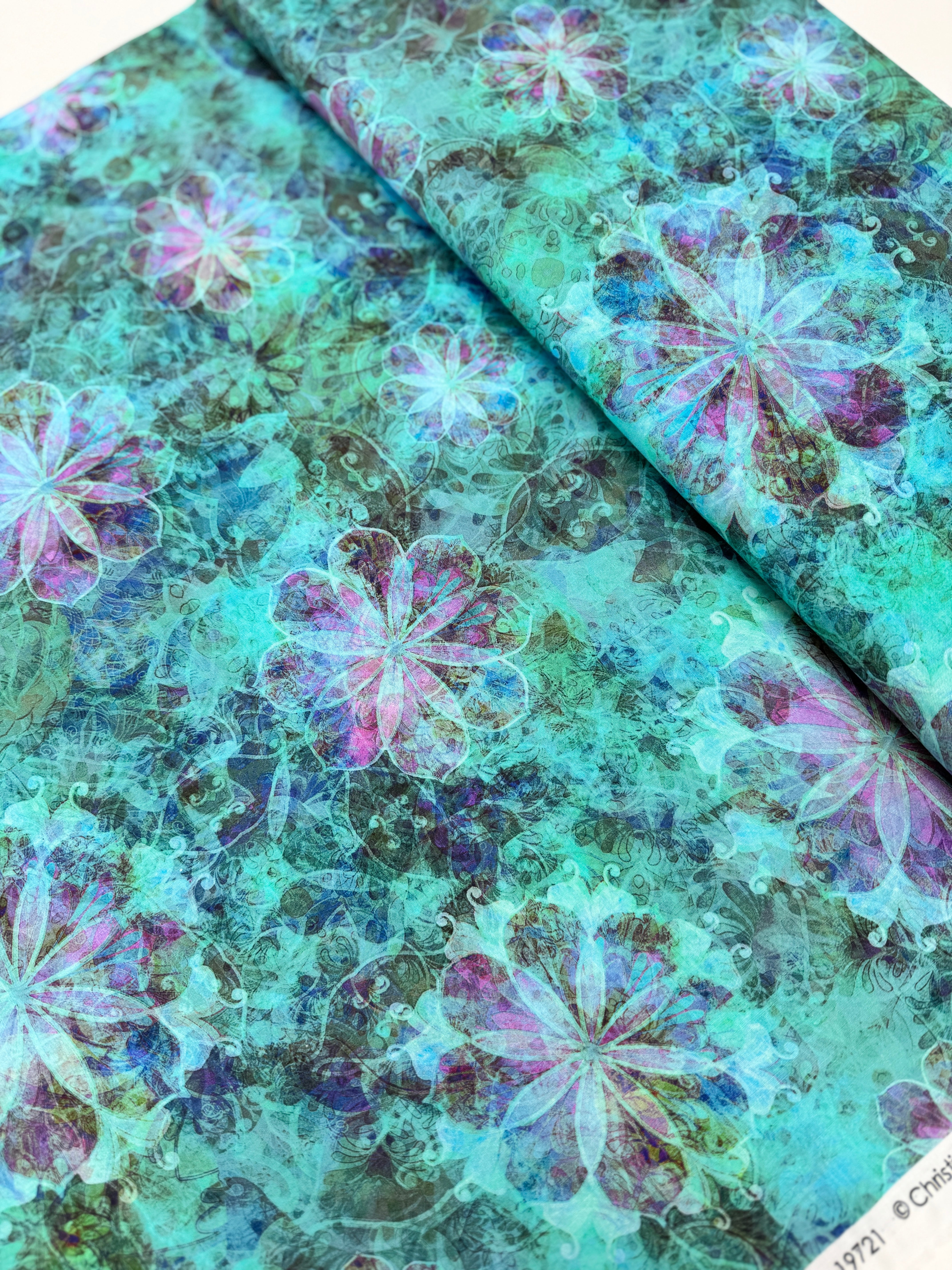 Venice - Florals Turquoise fabric by Christiane Marques for Robert Kaufman with bold painterly floral print on 100% cotton.