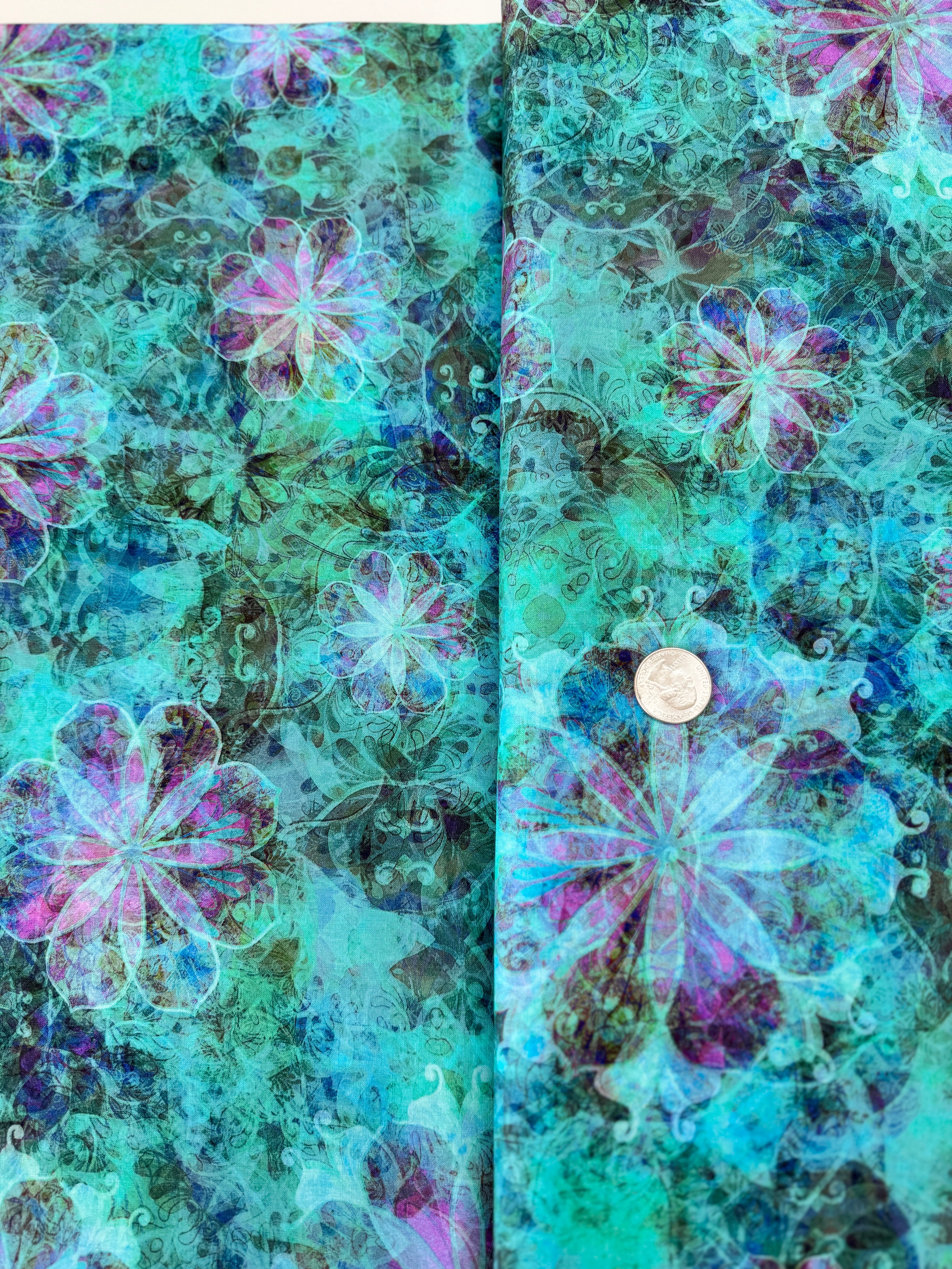 Venice - Florals Turquoise fabric by Christiane Marques for Robert Kaufman with bold painterly floral print on 100% cotton.