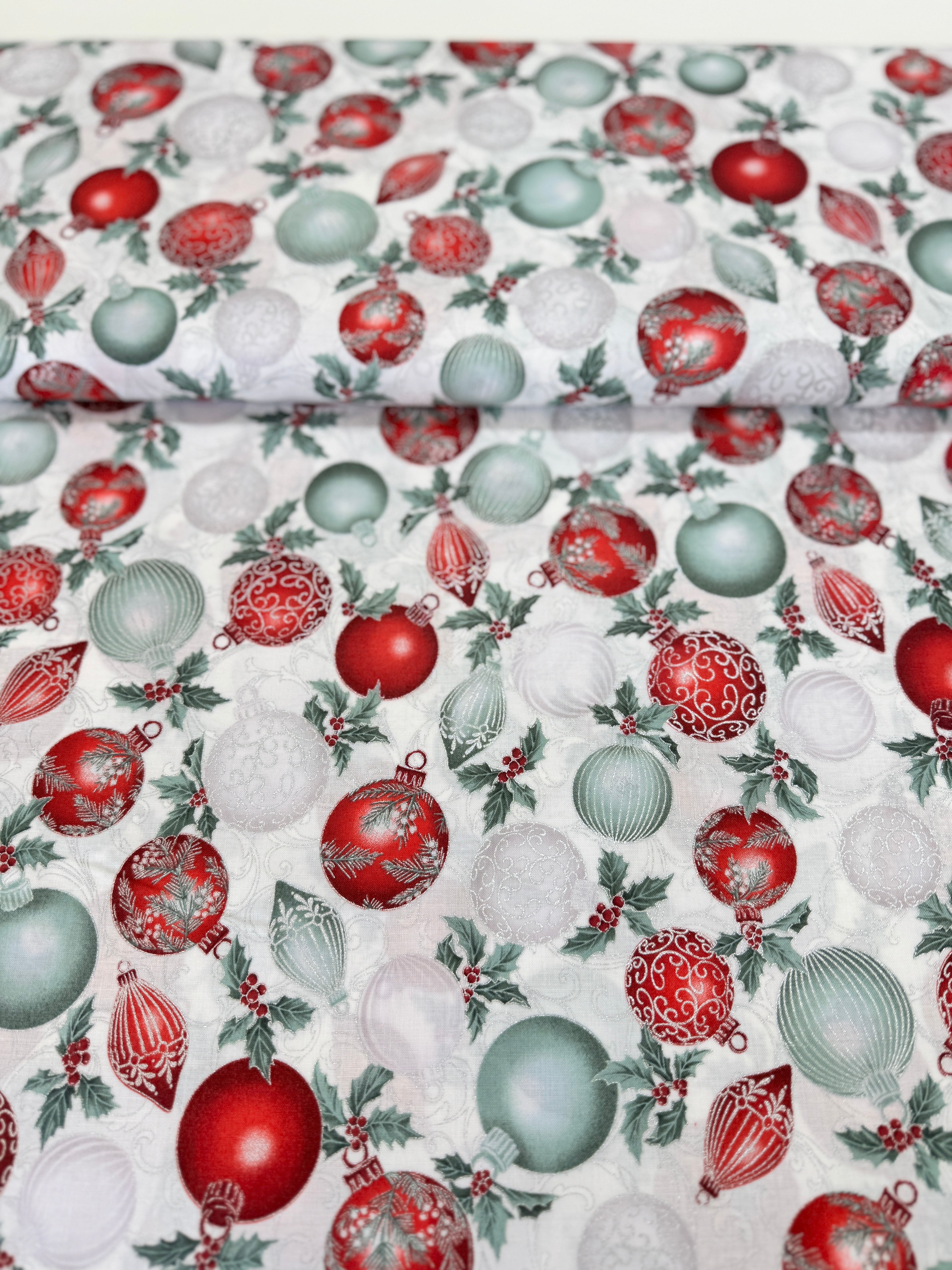 Christmas Splendor - Ornaments Winter Cherry/Silver Metallic fabric by Hoffman Fabrics with festive red and silver metallic ornament print on 100% cotton.