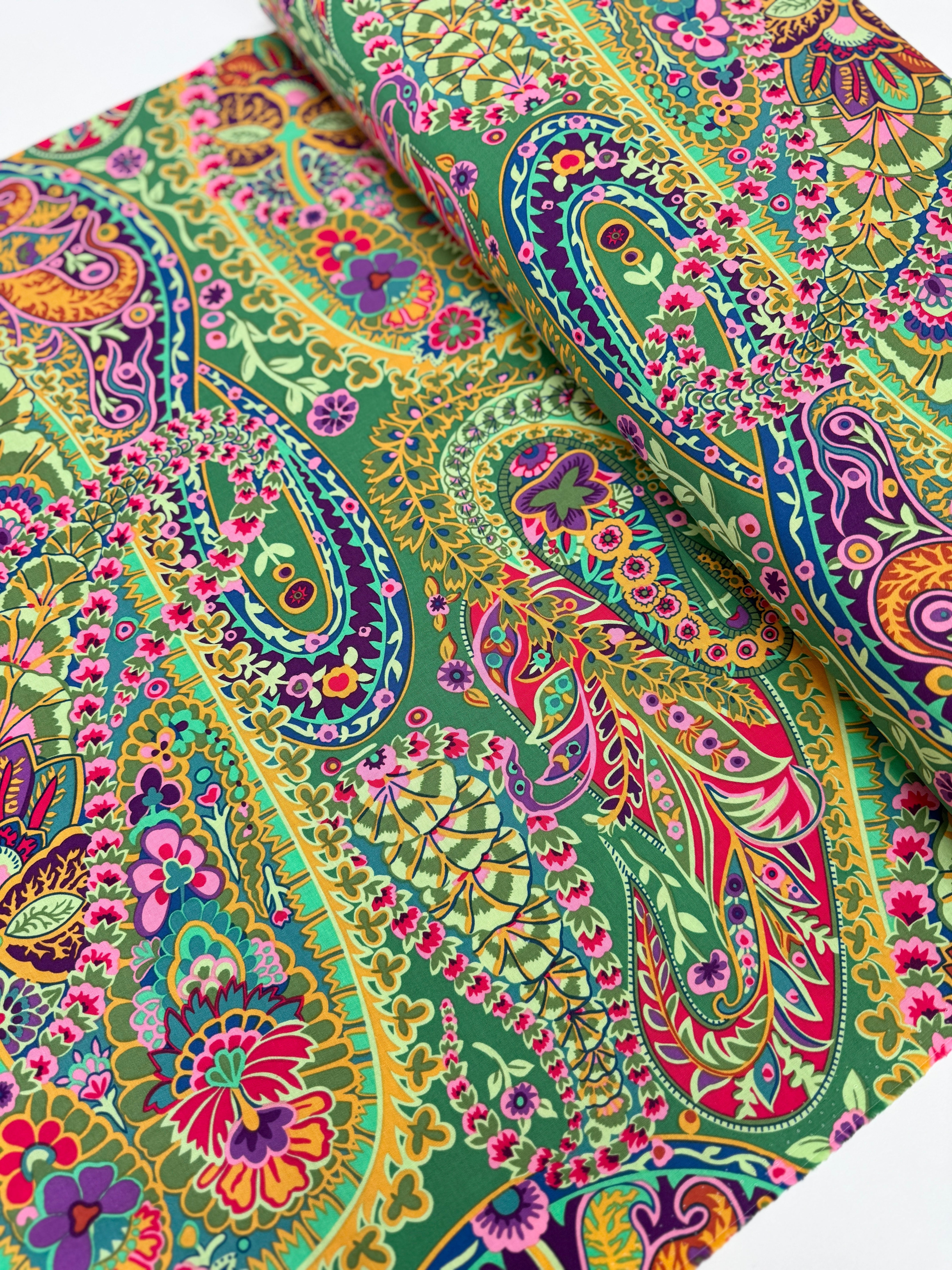 Kaffe Fassett Collective Paisley Jungle Green Fabric GP60.GREEN – vibrant multicolored paisley motifs on a rich green background.