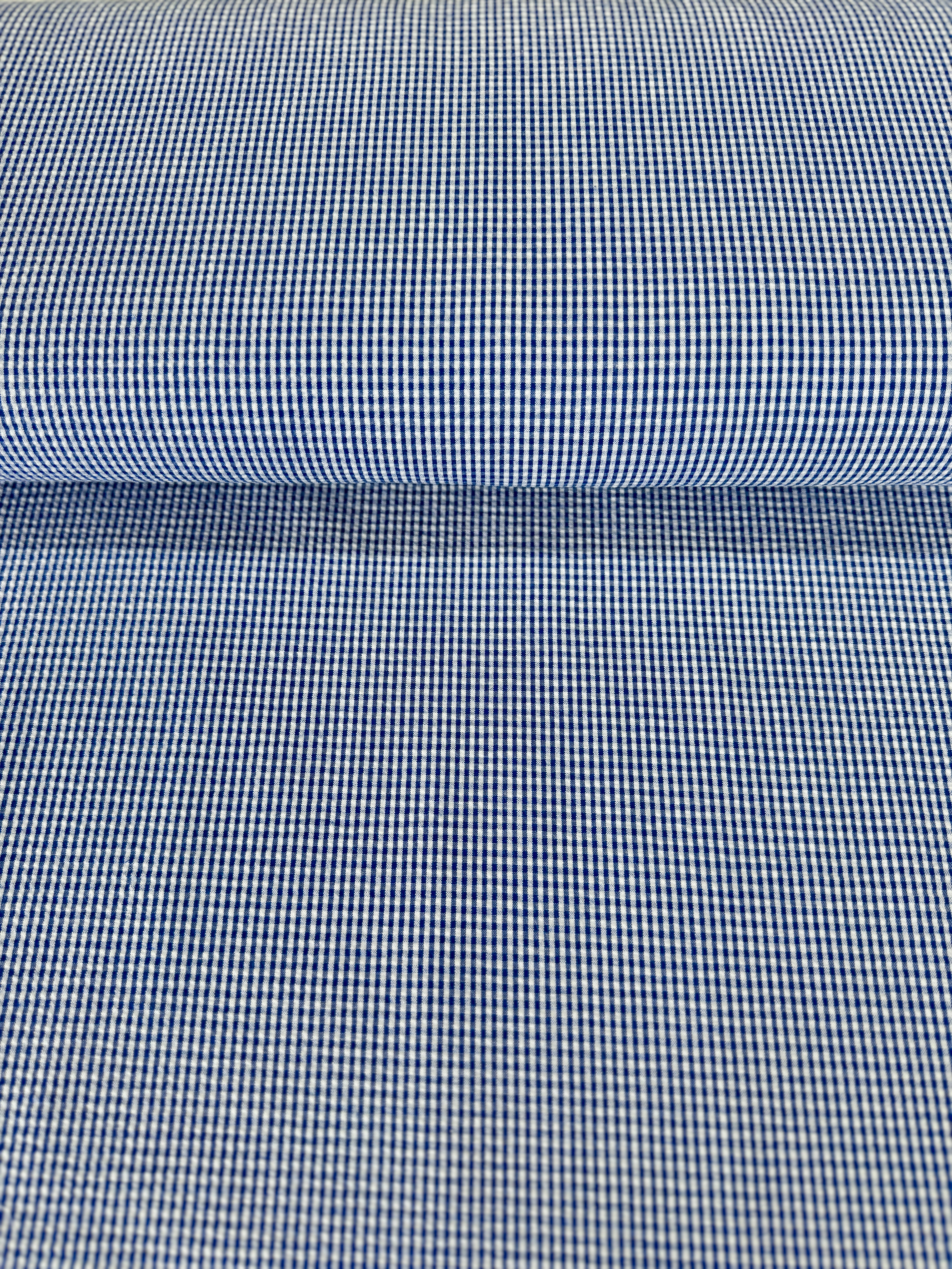 Seersucker Check Royal Fabric by Robert Kaufman – lightweight cotton/poly blend with royal blue checks and puckered texture.