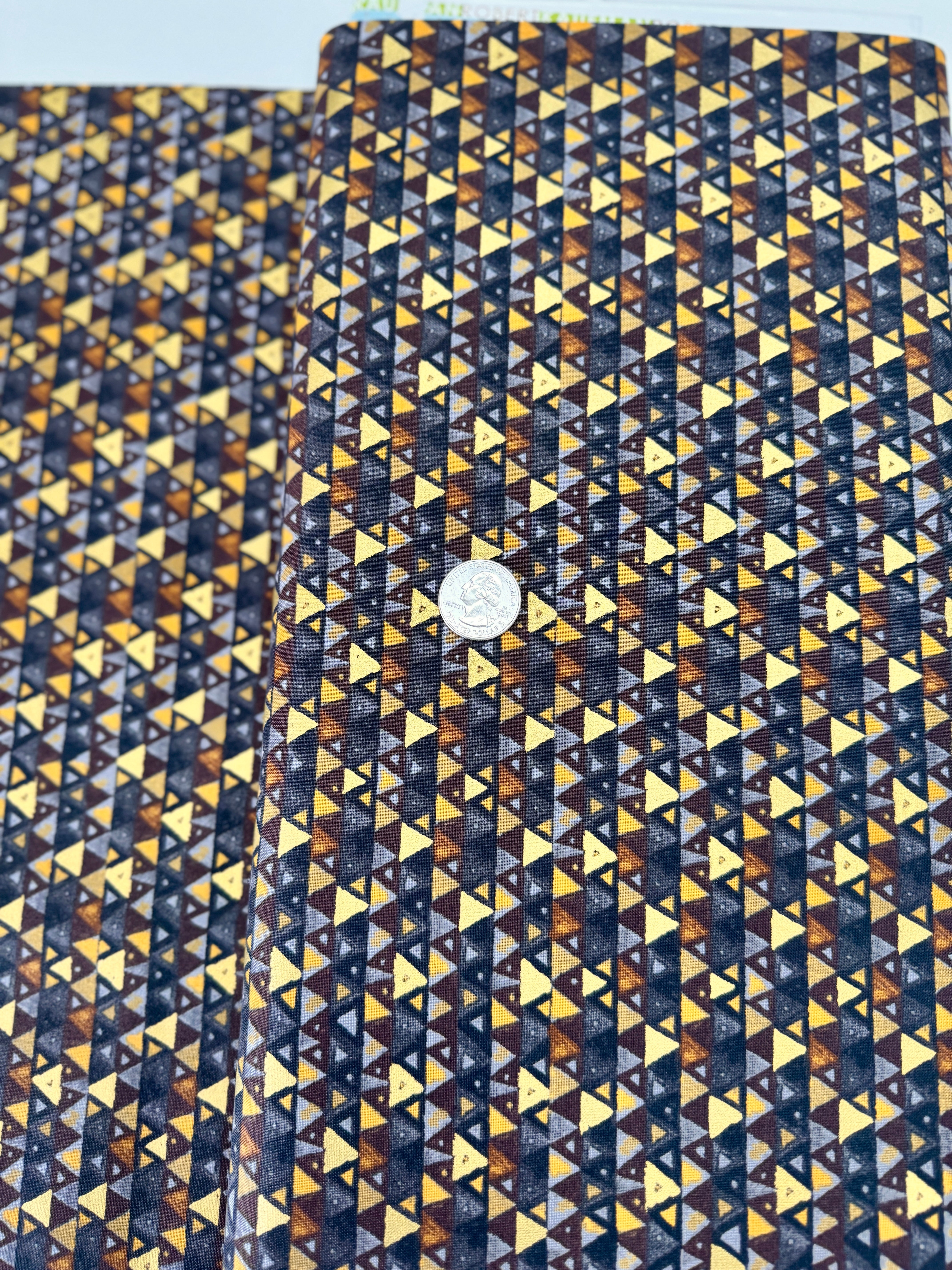 Gustav Klimt – Triangles Black Gold Metallic Fabric by Studio RK – Black cotton fabric with gold metallic triangle pattern.