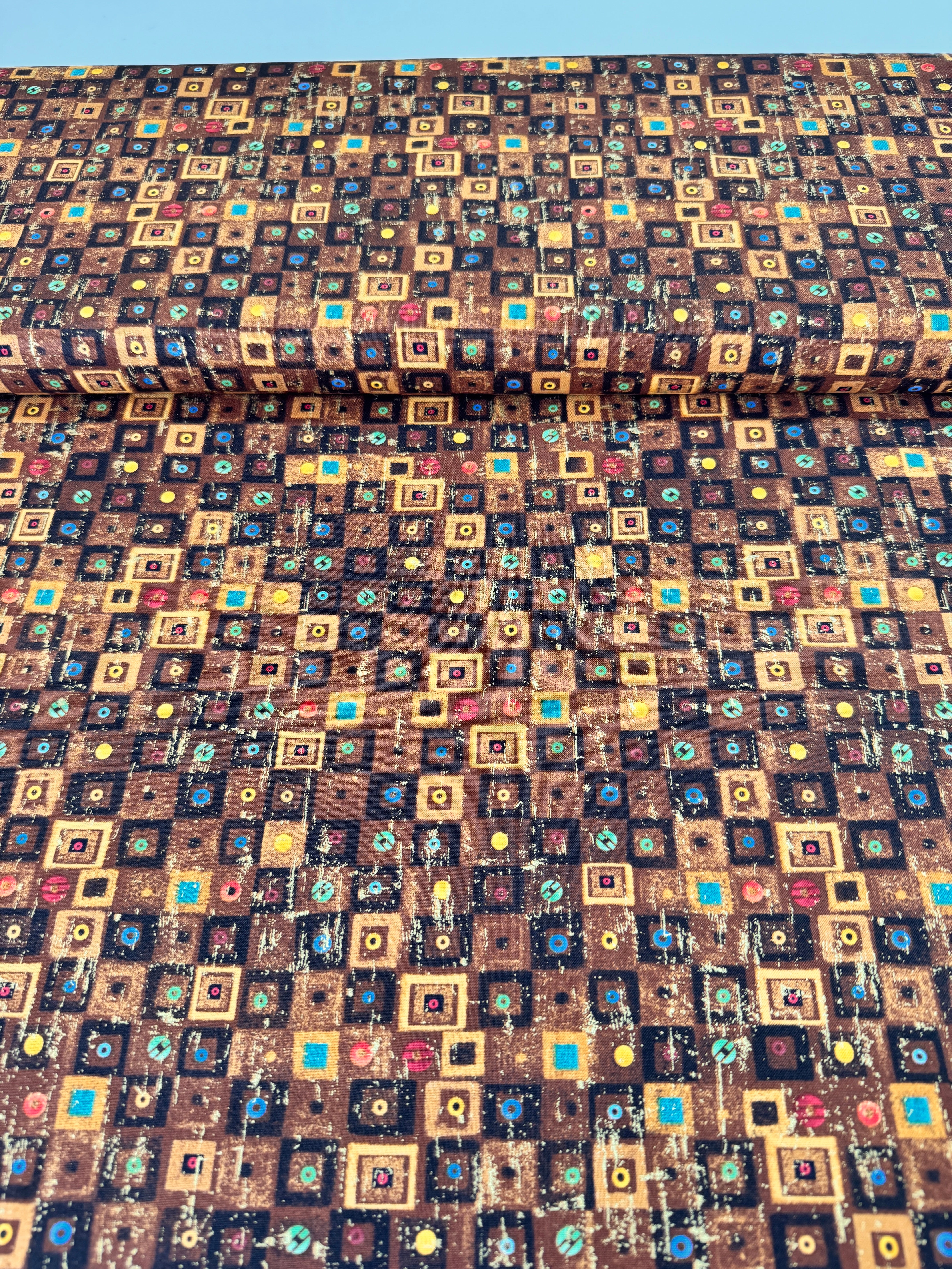 Cleo – Bejeweled Square Brown Metallic Fabric by Chong-a Hwang for Timeless Treasures – Brown cotton fabric with gold metallic jeweled squares.