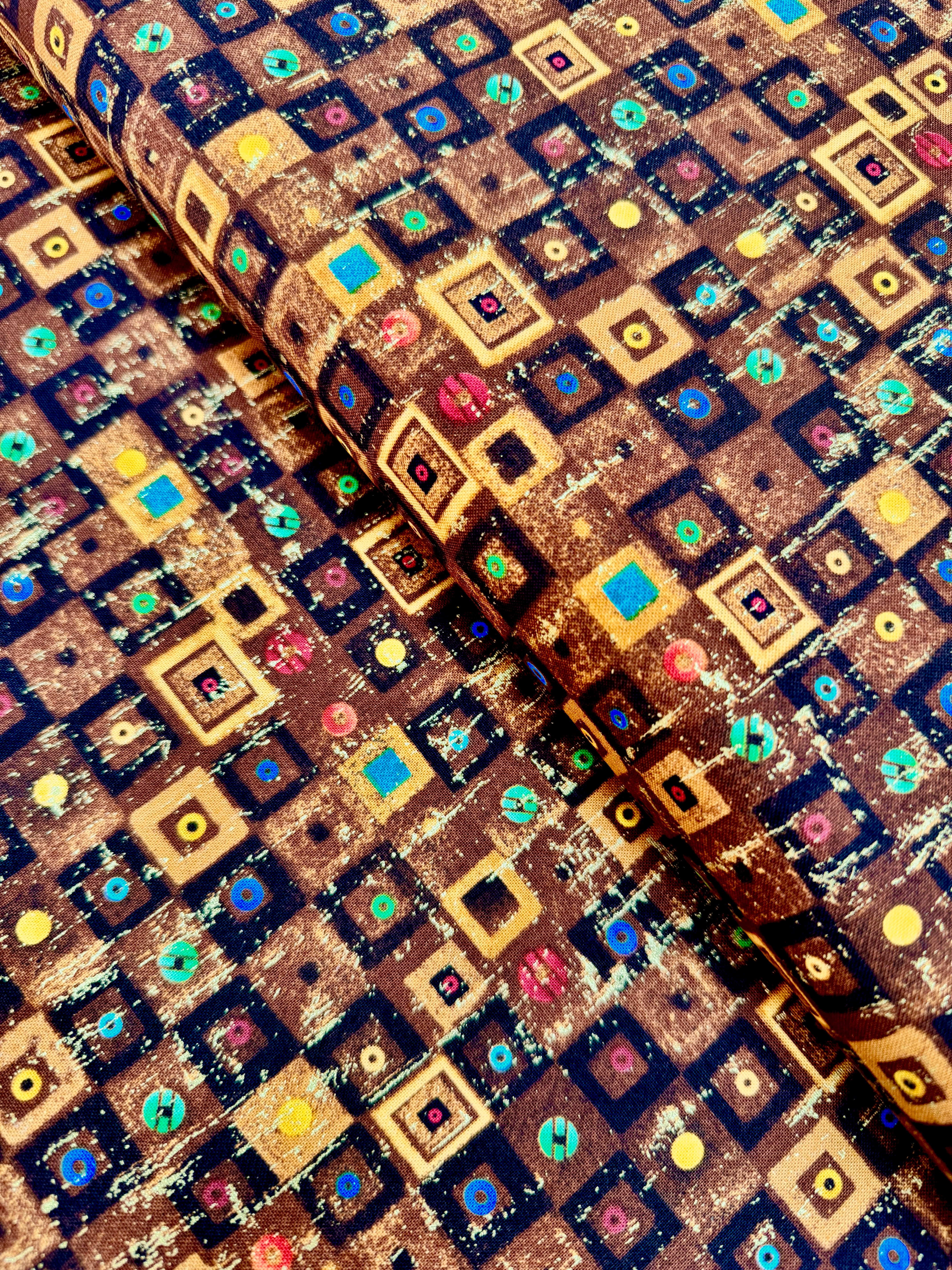 Cleo – Bejeweled Square Brown Metallic Fabric by Chong-a Hwang for Timeless Treasures – Brown cotton fabric with gold metallic jeweled squares.