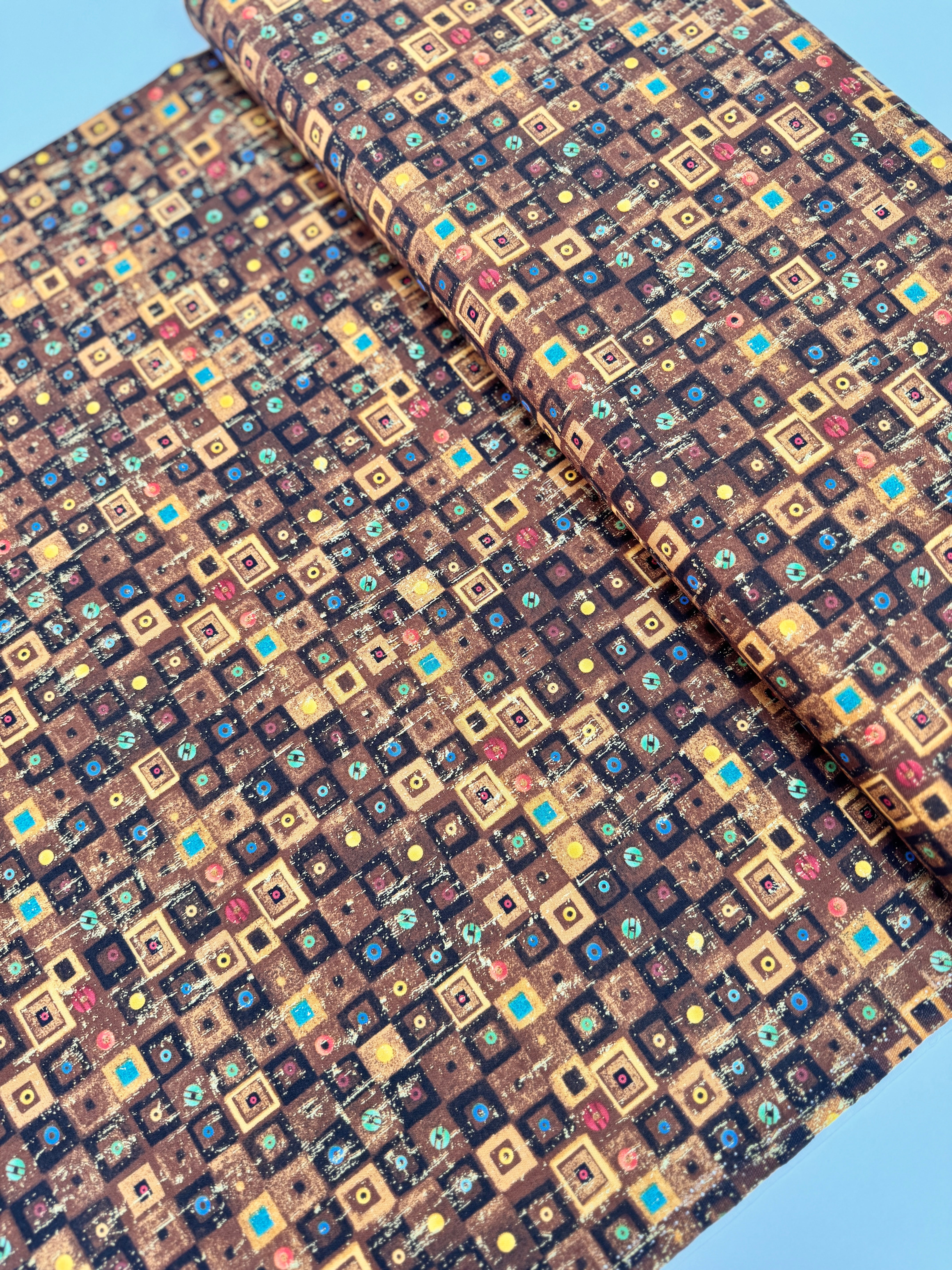 Cleo – Bejeweled Square Brown Metallic Fabric by Chong-a Hwang for Timeless Treasures – Brown cotton fabric with gold metallic jeweled squares.