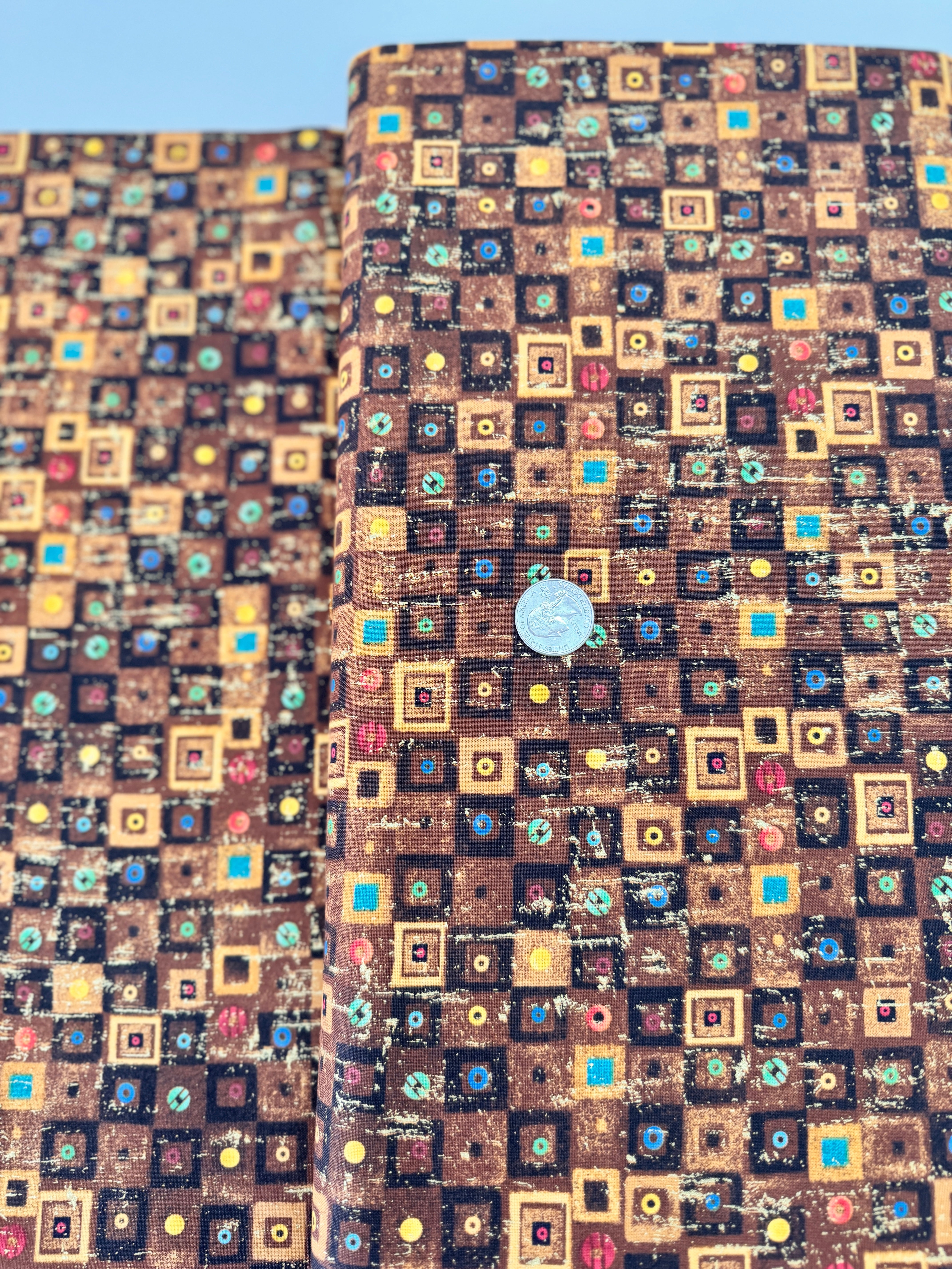 Cleo – Bejeweled Square Brown Metallic Fabric by Chong-a Hwang for Timeless Treasures – Brown cotton fabric with gold metallic jeweled squares.