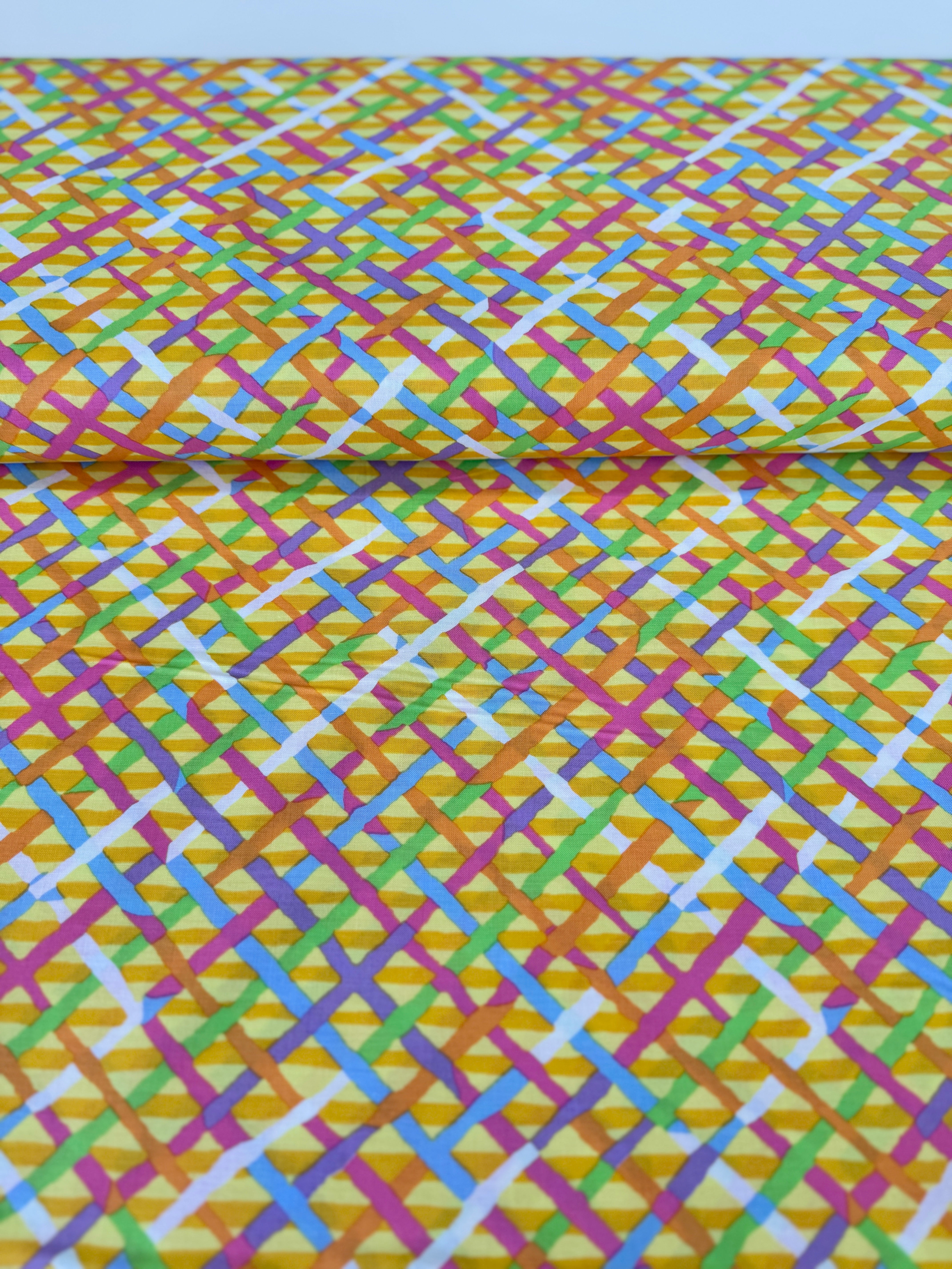 Mad Plaid Gold Fabric by Brandon Mably for Kaffe Fassett Collective – vibrant gold plaid cotton print for quilting and apparel.