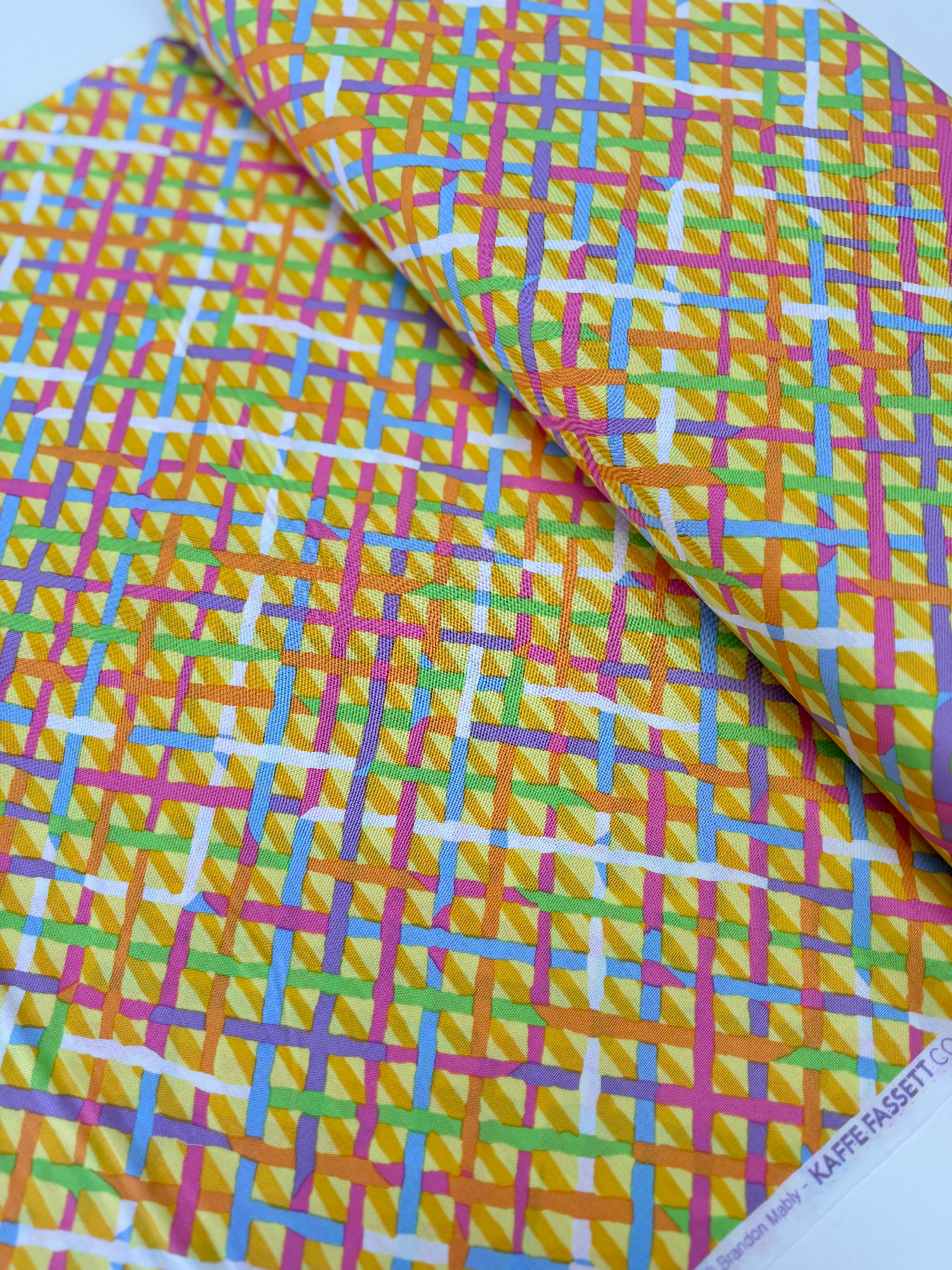 Mad Plaid Gold Fabric by Brandon Mably for Kaffe Fassett Collective – vibrant gold plaid cotton print for quilting and apparel.