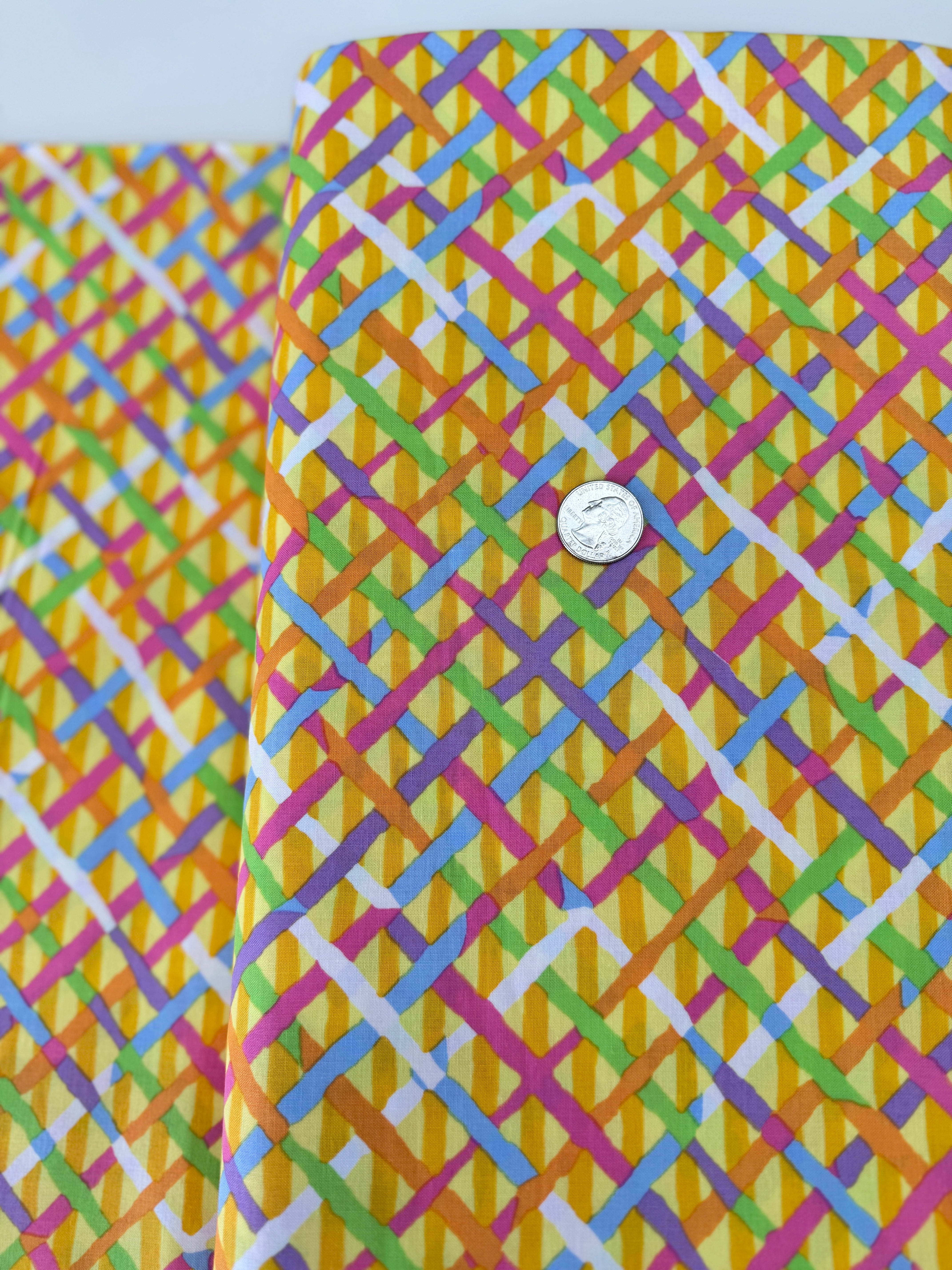 Mad Plaid Gold Fabric by Brandon Mably for Kaffe Fassett Collective – vibrant gold plaid cotton print for quilting and apparel.