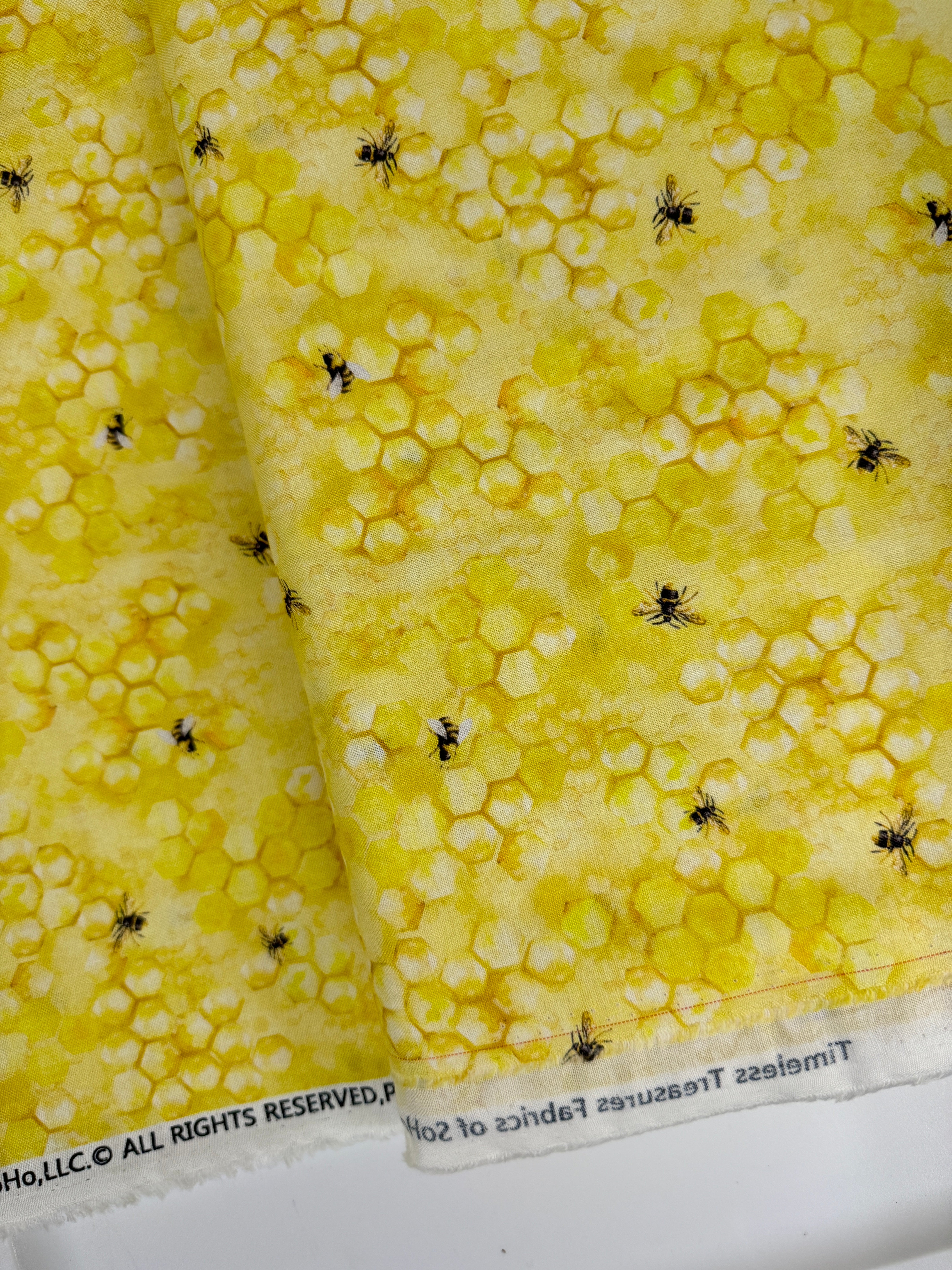 Honey Bee Farm - Flying Bees On Honey Combs Yardage