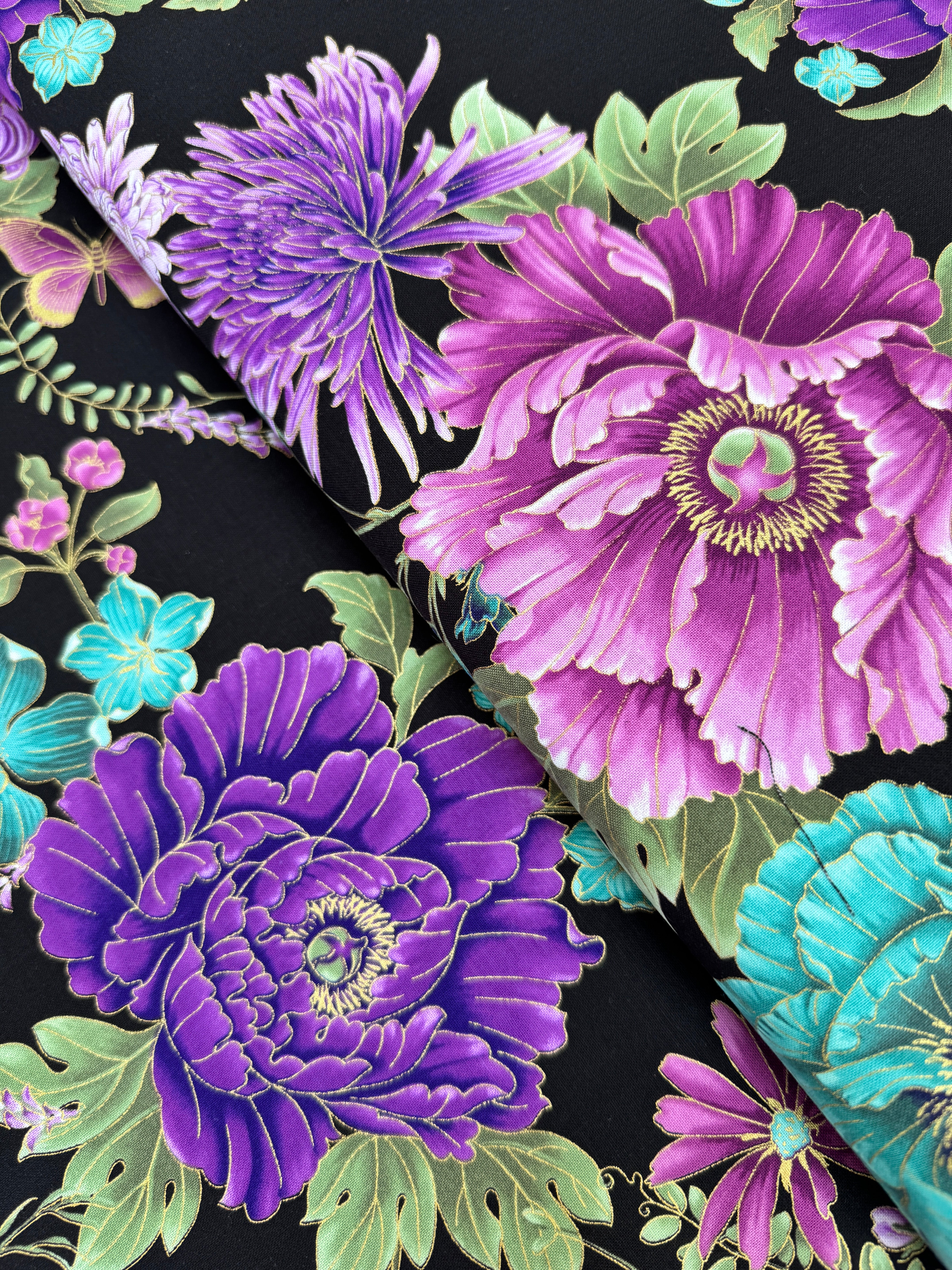 Shizuka – Asian Floral and Butterflies Metallic Fabric by Chong-a Hwang – gold-accented cotton with floral and butterfly motifs.