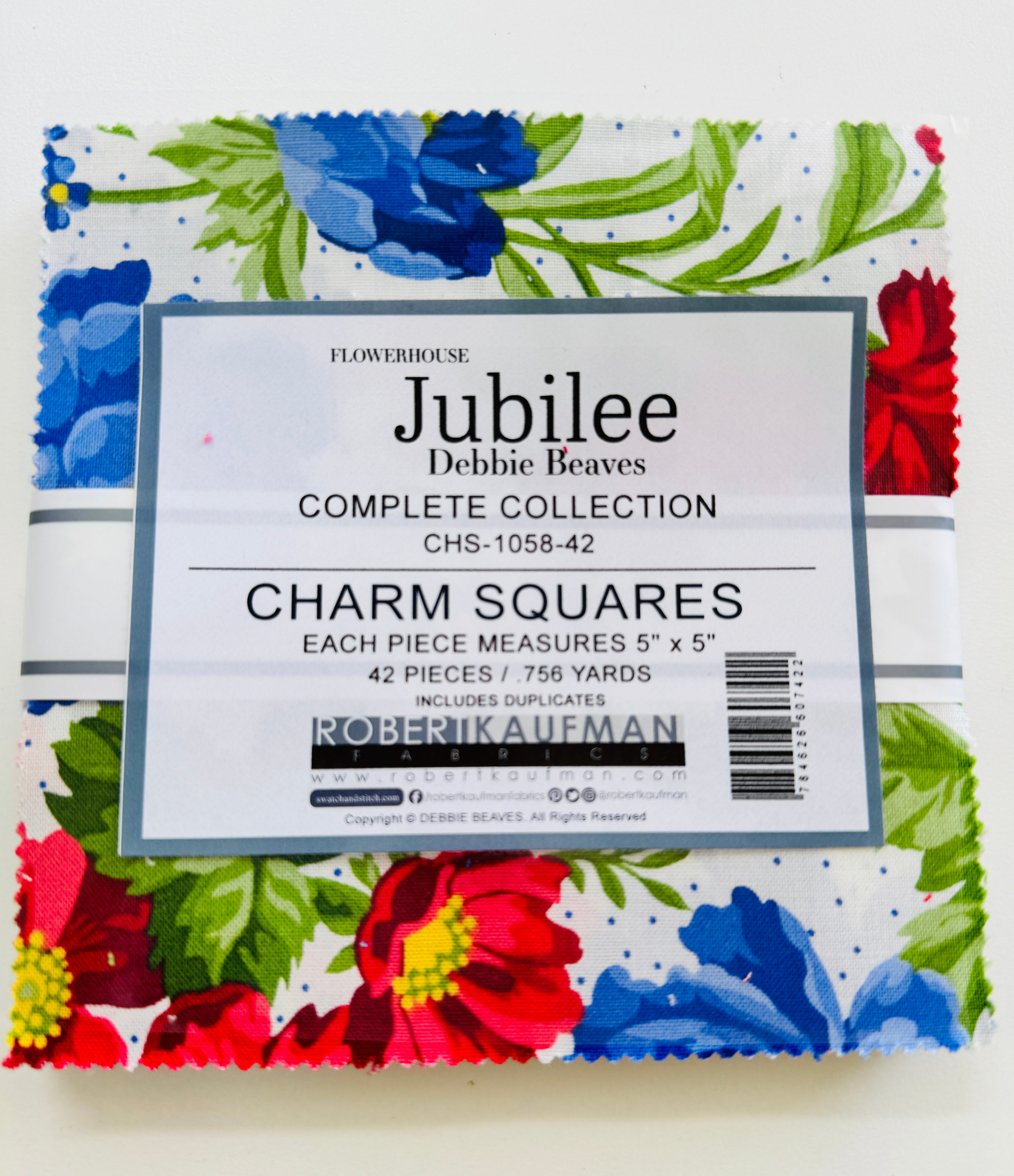 Flowerhouse Jubilee Charm Pack by Debbie Beaves – 42 5-inch cotton squares from Robert Kaufman for quilting and crafts.