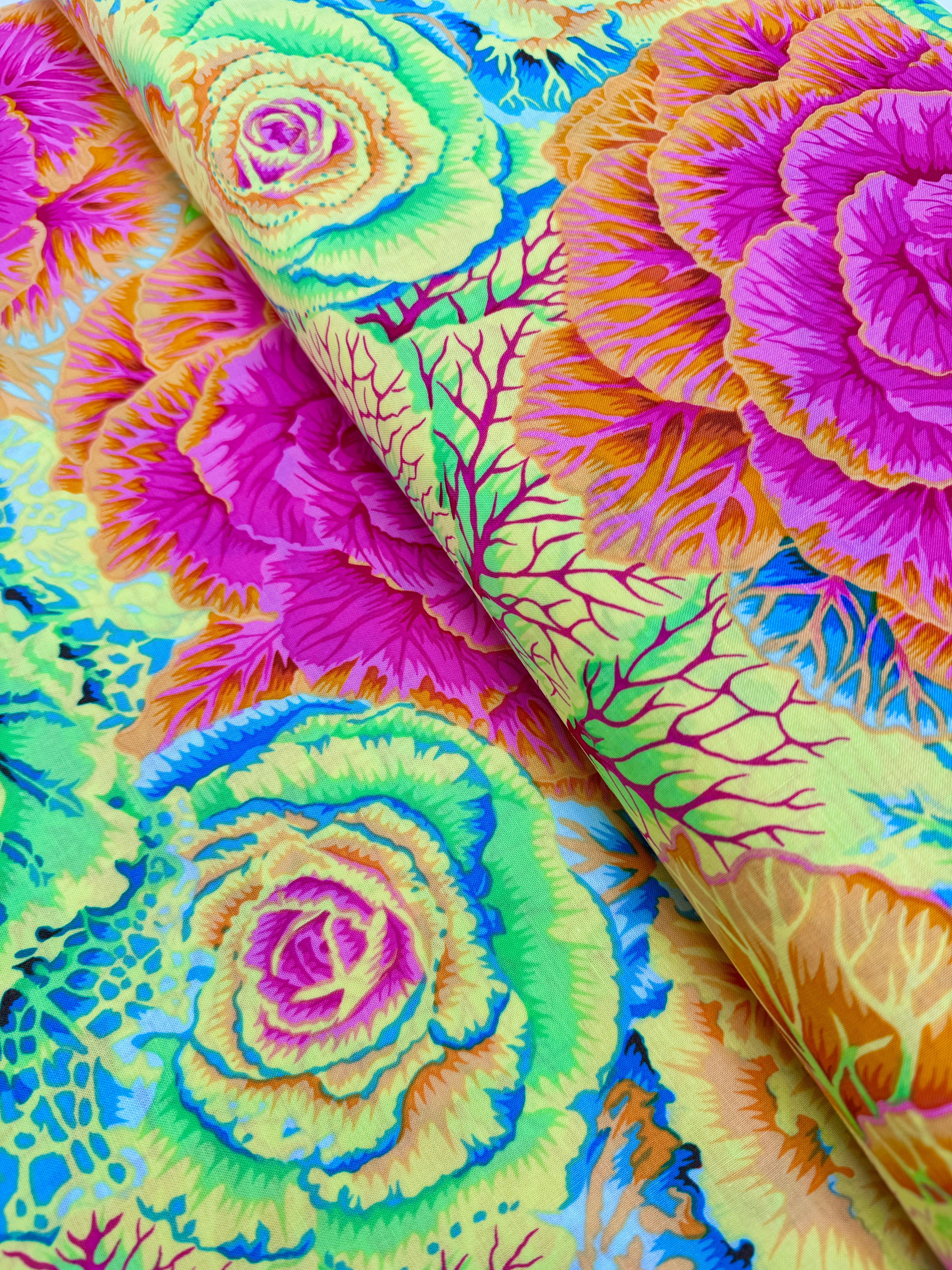 Brassica Yellow Fabric – large-scale yellow floral print by Philip Jacobs for Kaffe Fassett Collective, Free Spirit Fabrics.