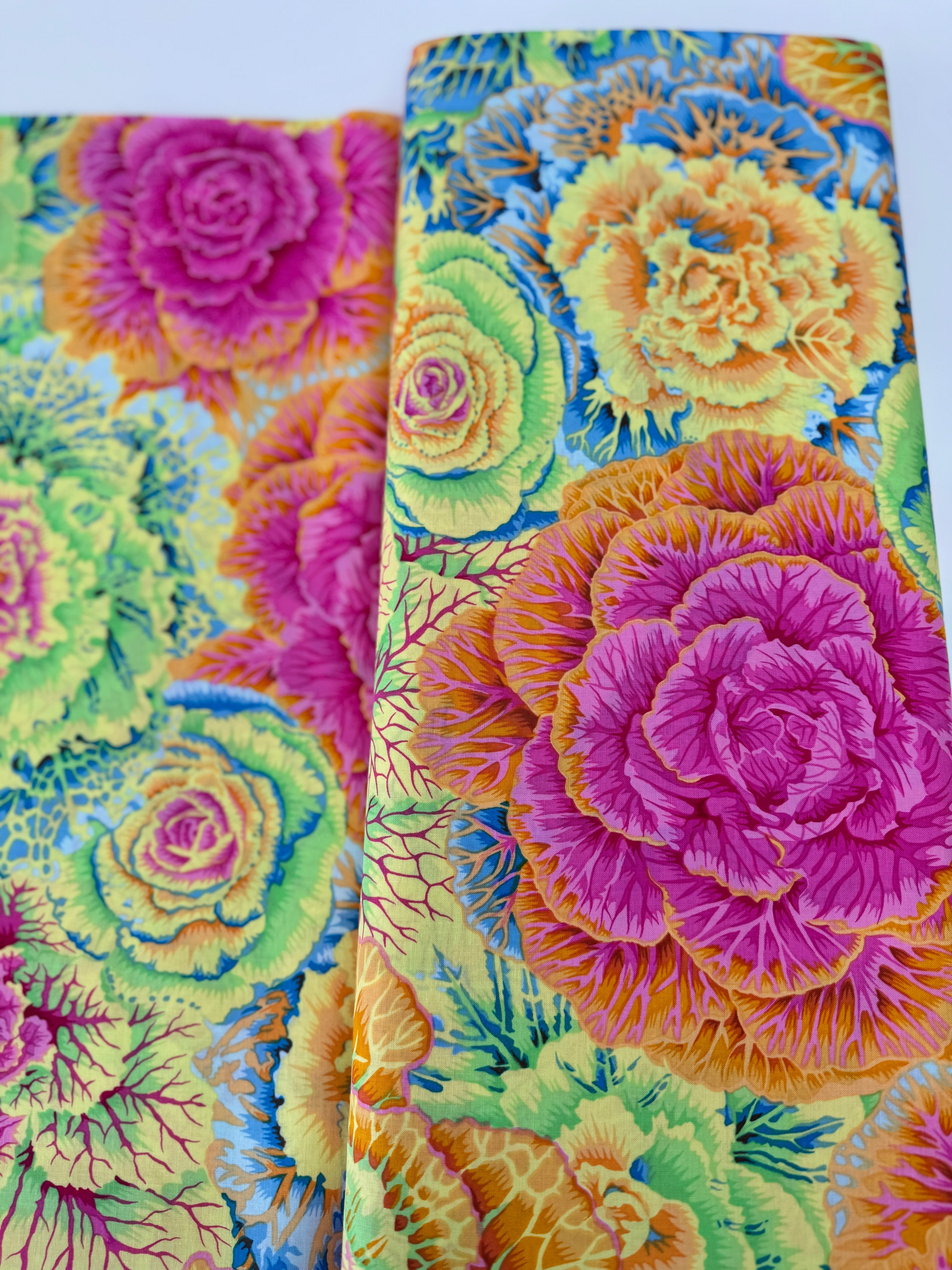 Brassica Yellow Fabric – large-scale yellow floral print by Philip Jacobs for Kaffe Fassett Collective, Free Spirit Fabrics.