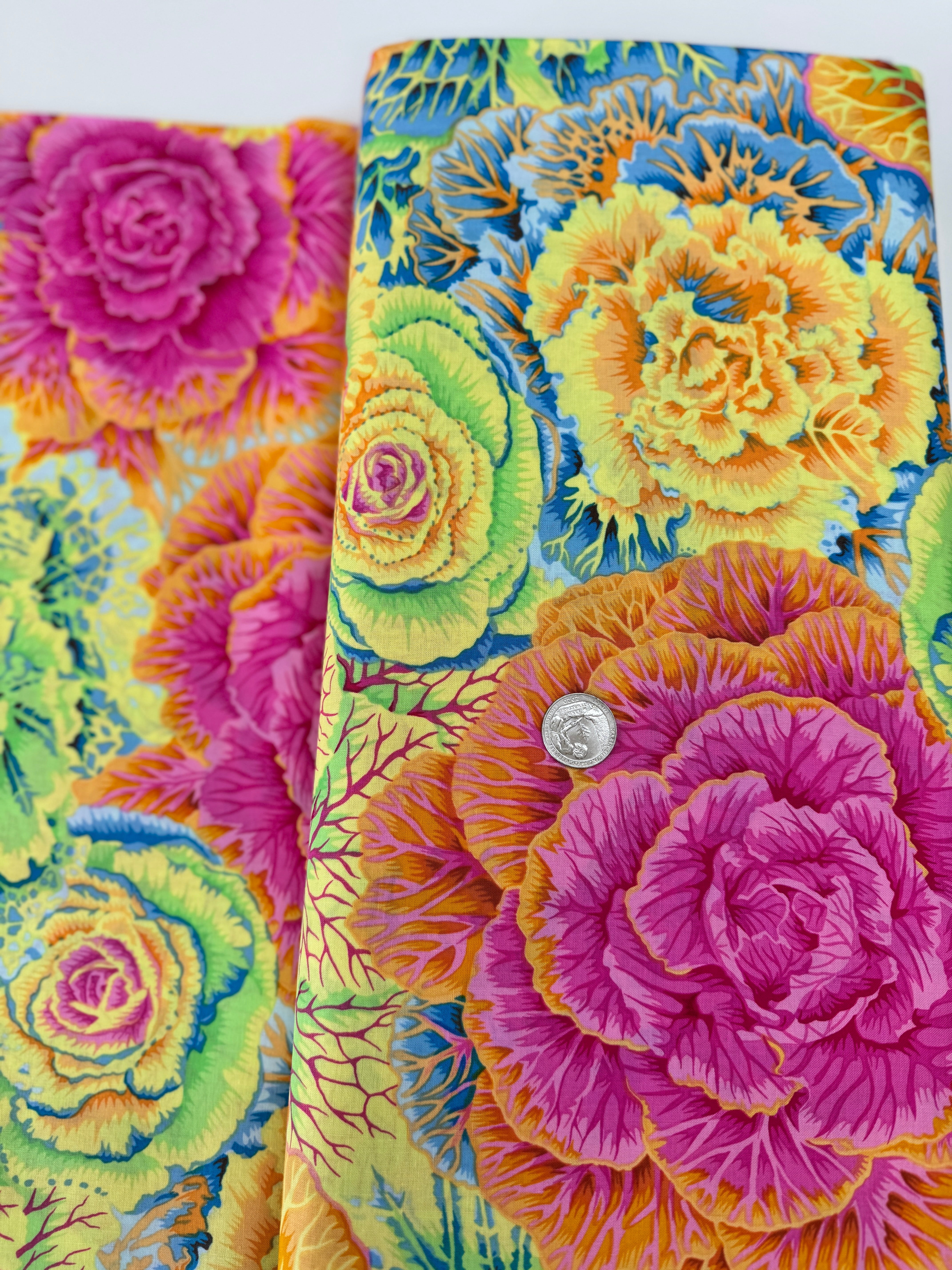 Brassica Yellow Fabric – large-scale yellow floral print by Philip Jacobs for Kaffe Fassett Collective, Free Spirit Fabrics.