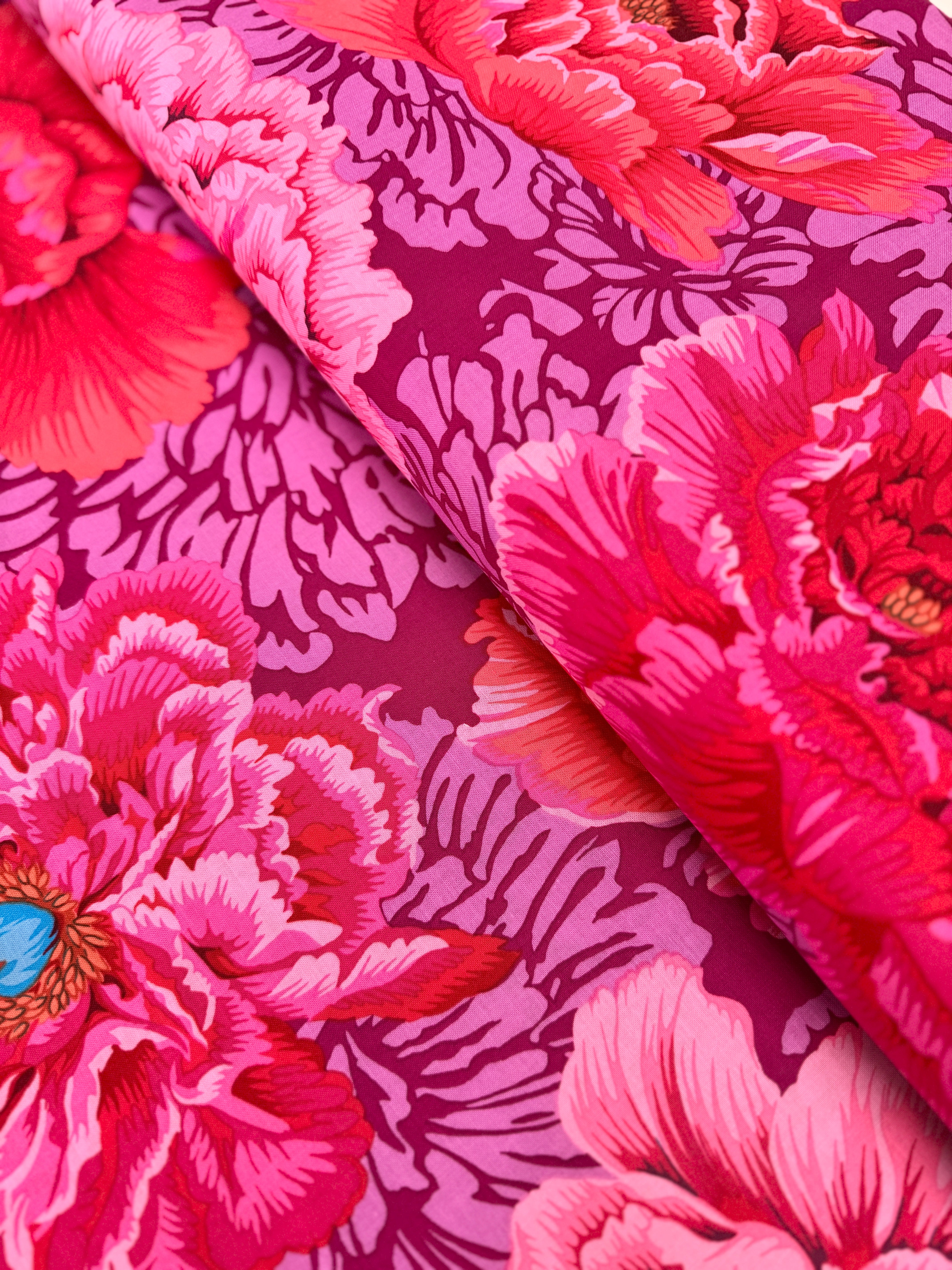 Brocade Peony Hot Fabric – Kaffe Fassett Collective floral print in bold reds and pinks by Philip Jacobs for Free Spirit Fabrics.