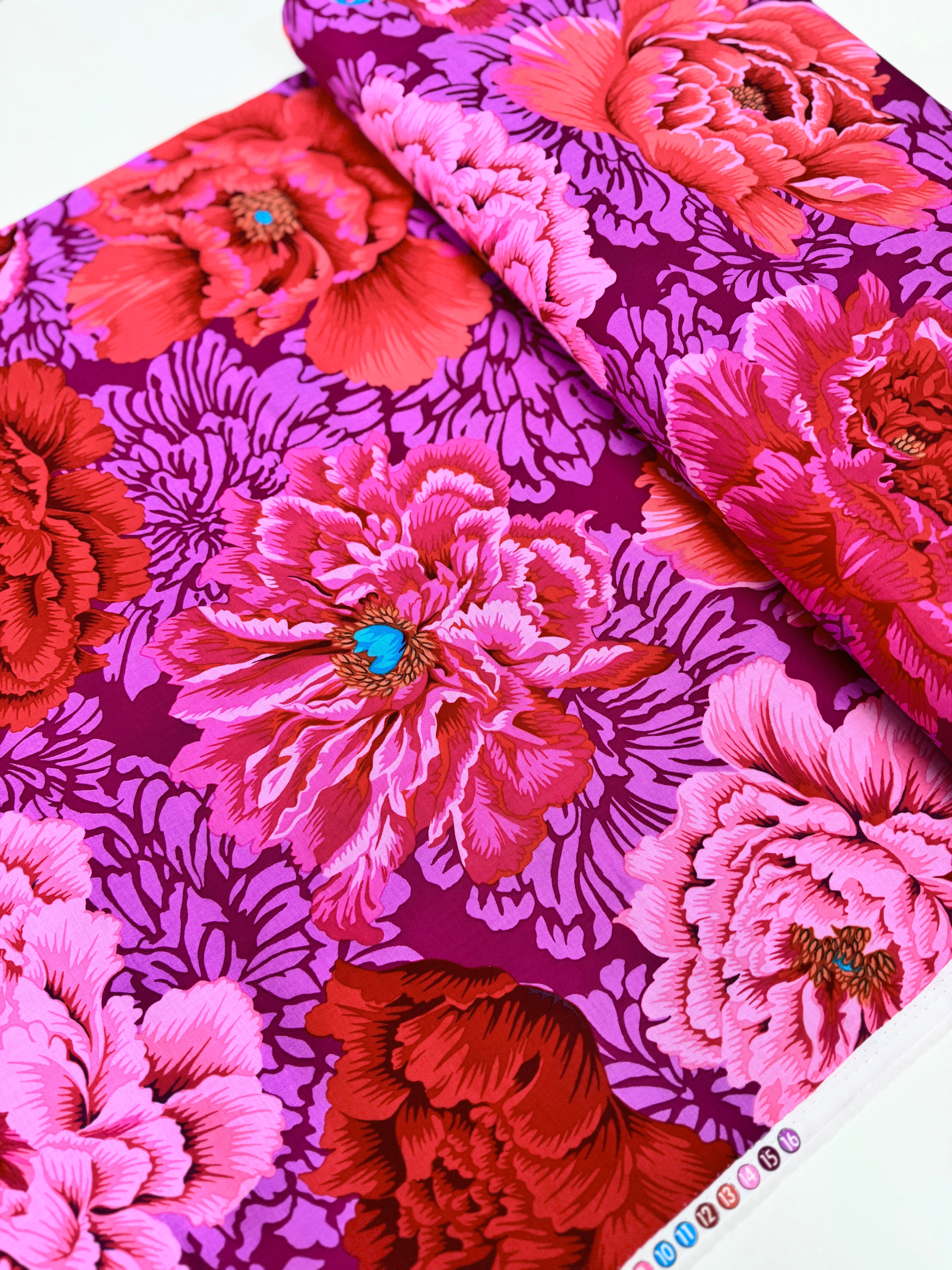 Brocade Peony Hot Fabric – Kaffe Fassett Collective floral print in bold reds and pinks by Philip Jacobs for Free Spirit Fabrics.
