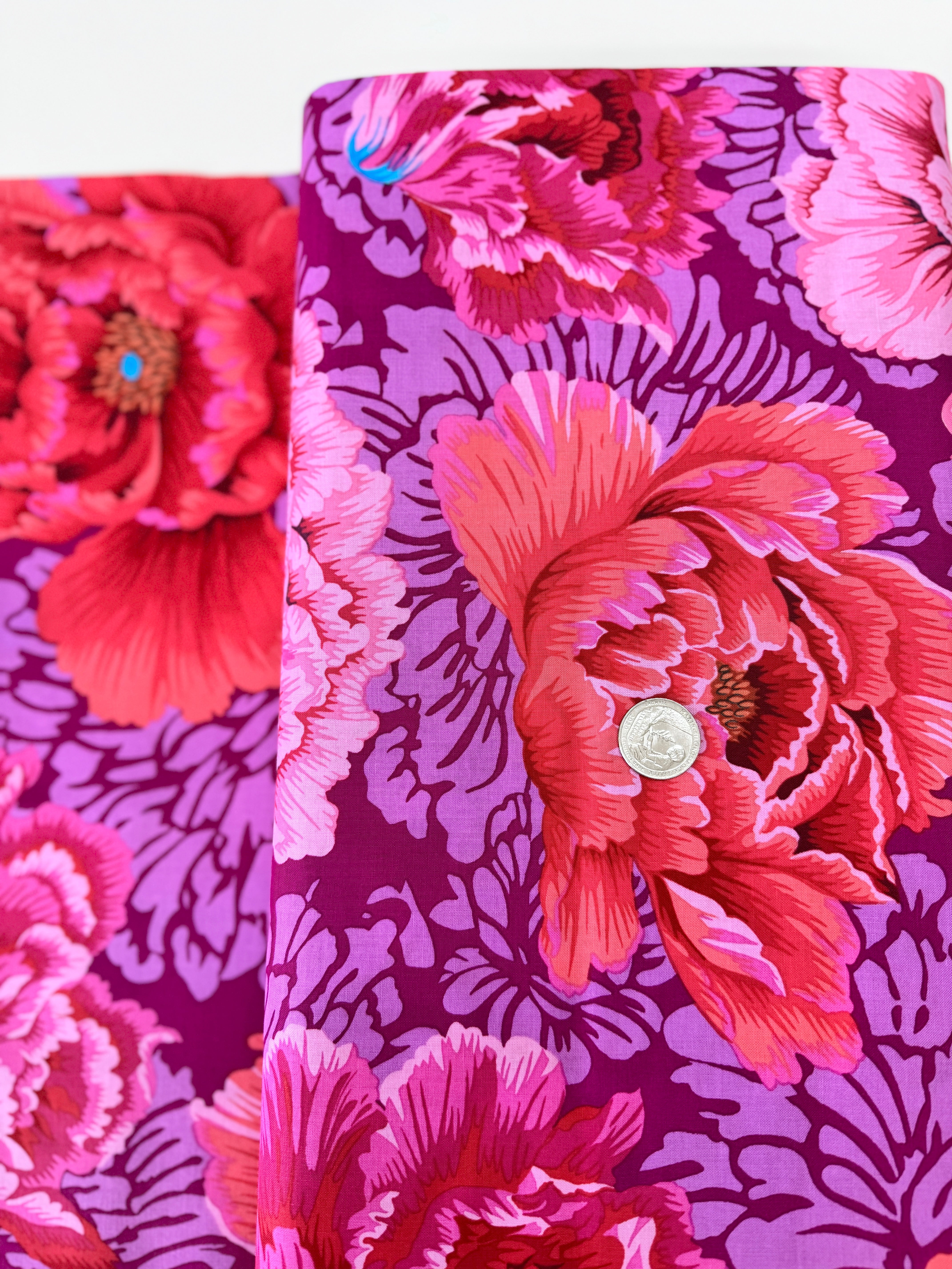 Brocade Peony Hot Fabric – Kaffe Fassett Collective floral print in bold reds and pinks by Philip Jacobs for Free Spirit Fabrics.