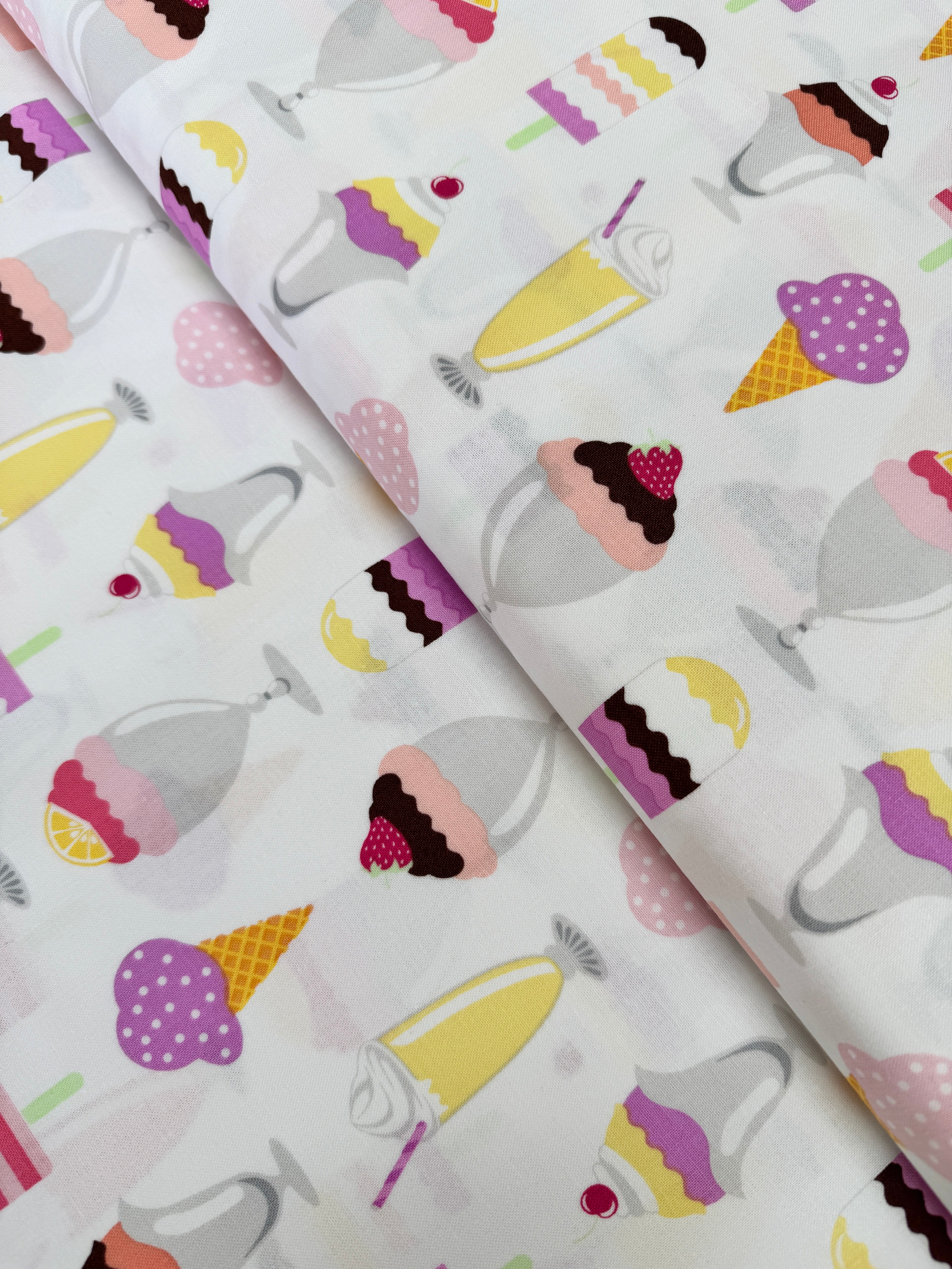 Get The Scoop Sherbet Fabric by Michael Miller – ice cream cotton fabric with cones, sundaes, and popsicles in bright sherbet colors.
