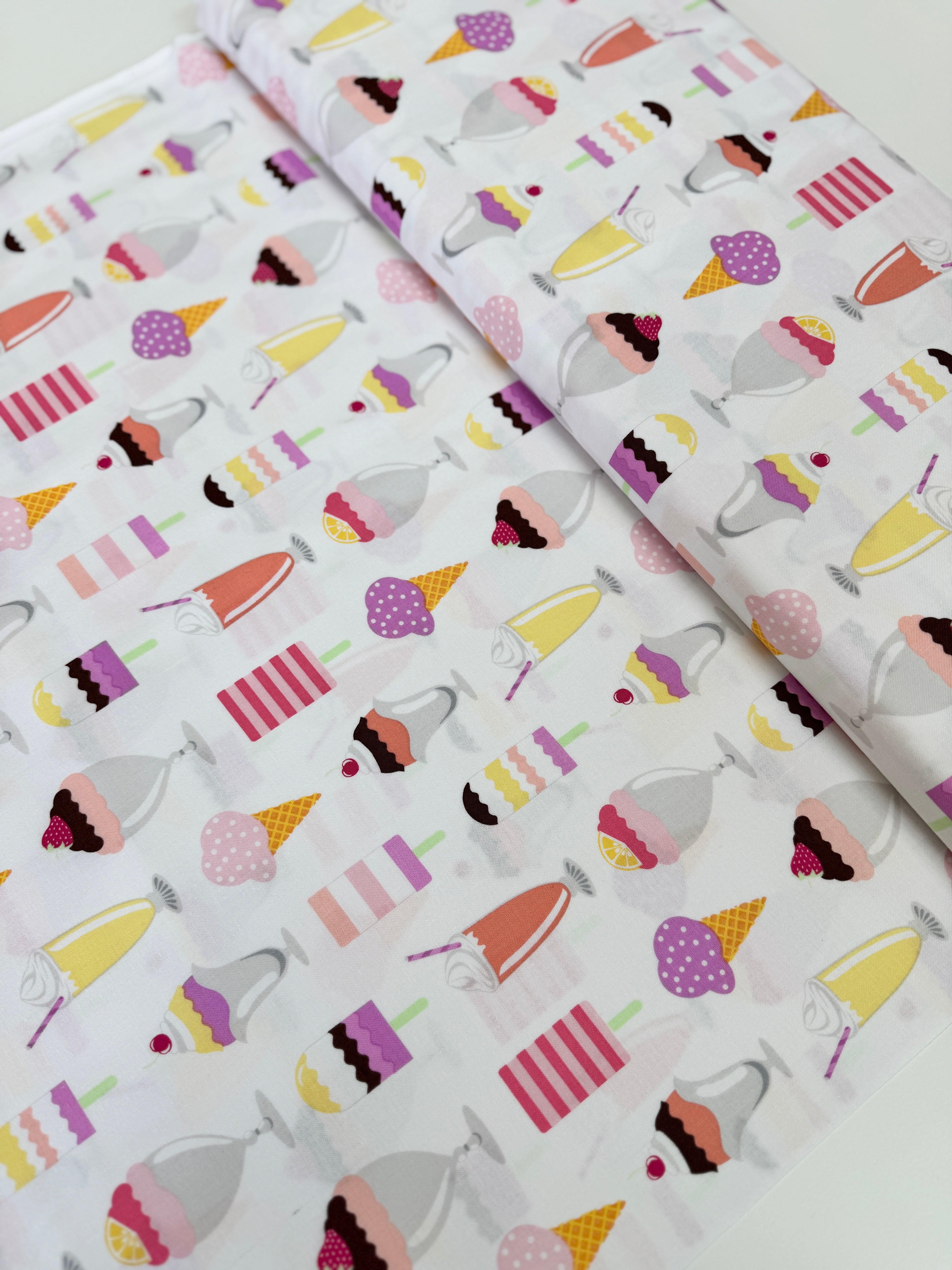 Get The Scoop Sherbet Fabric by Michael Miller – ice cream cotton fabric with cones, sundaes, and popsicles in bright sherbet colors.
