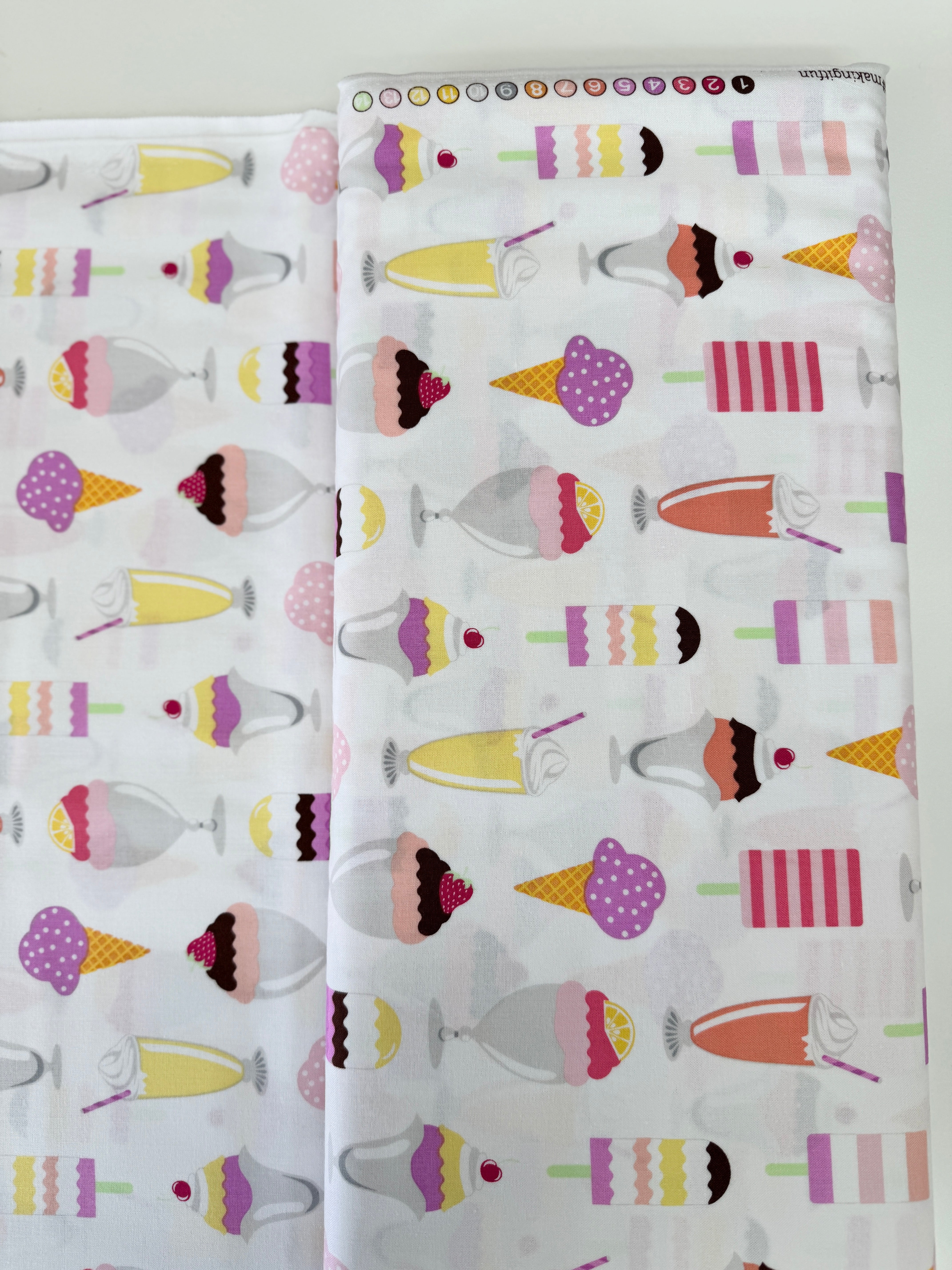 Get The Scoop Sherbet Fabric by Michael Miller – ice cream cotton fabric with cones, sundaes, and popsicles in bright sherbet colors.