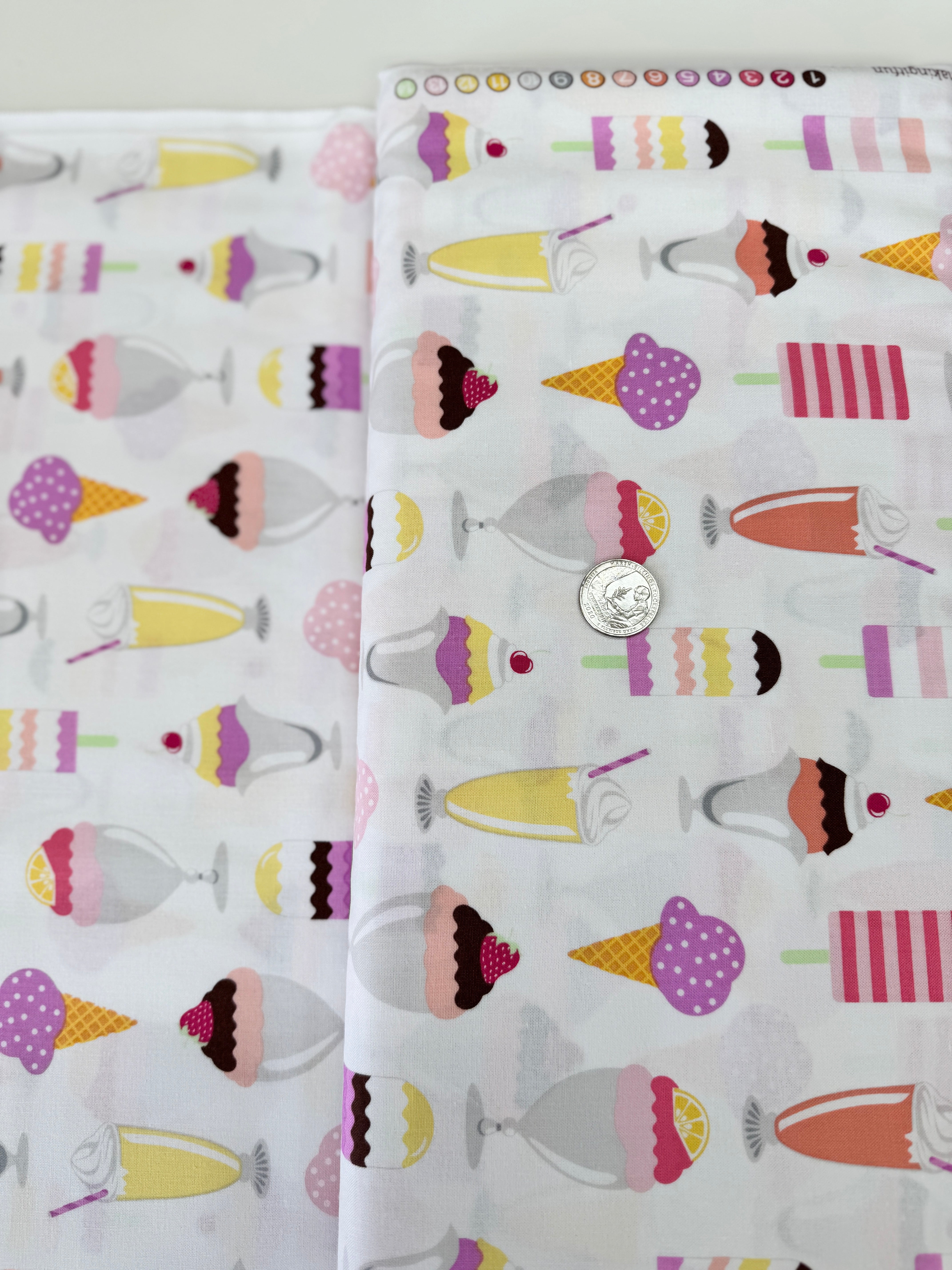 Get The Scoop Sherbet Fabric by Michael Miller – ice cream cotton fabric with cones, sundaes, and popsicles in bright sherbet colors.