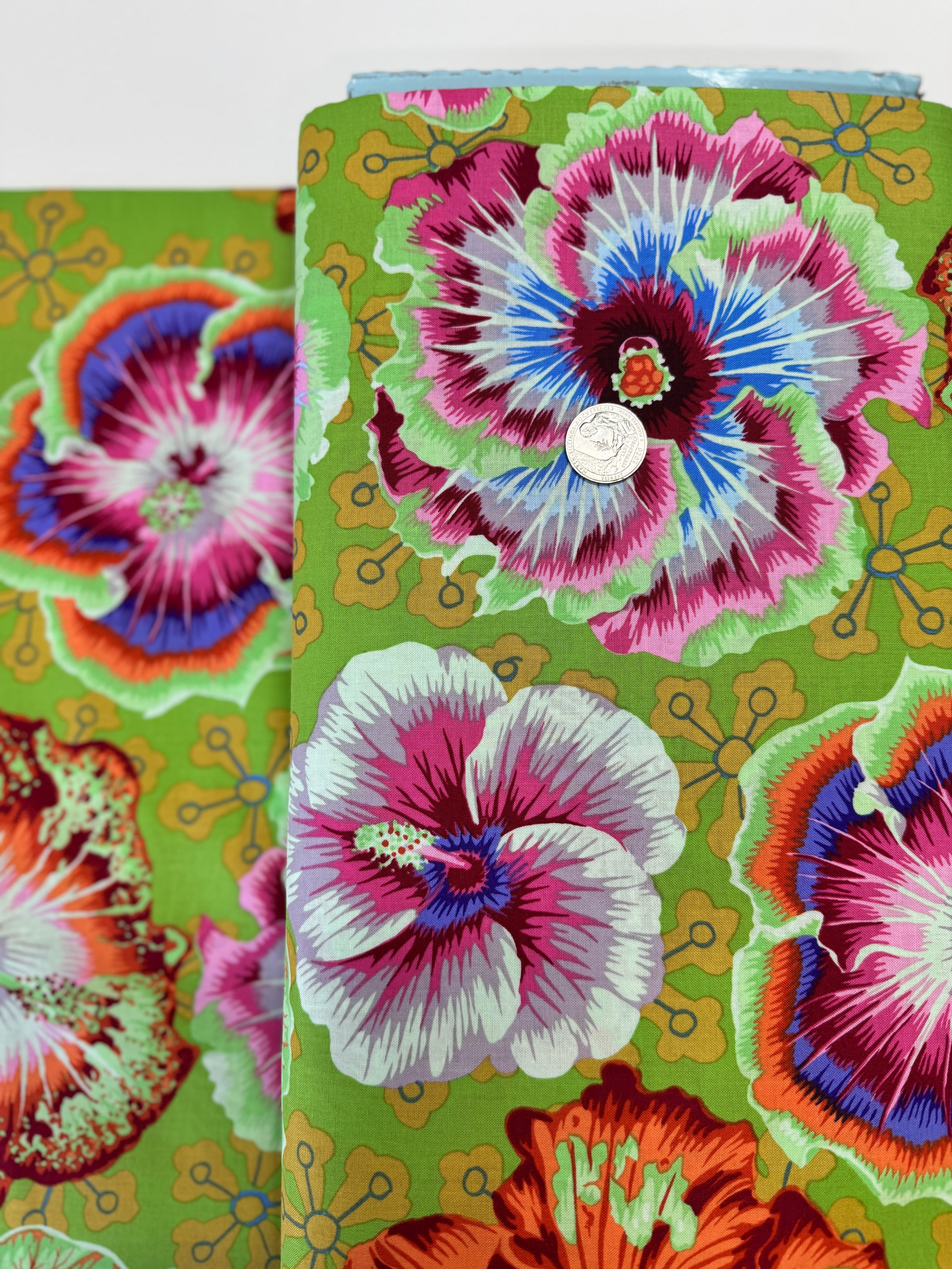 Floating Hibiscus Green fabric by Philip Jacobs – bold green tropical hibiscus floral cotton fabric