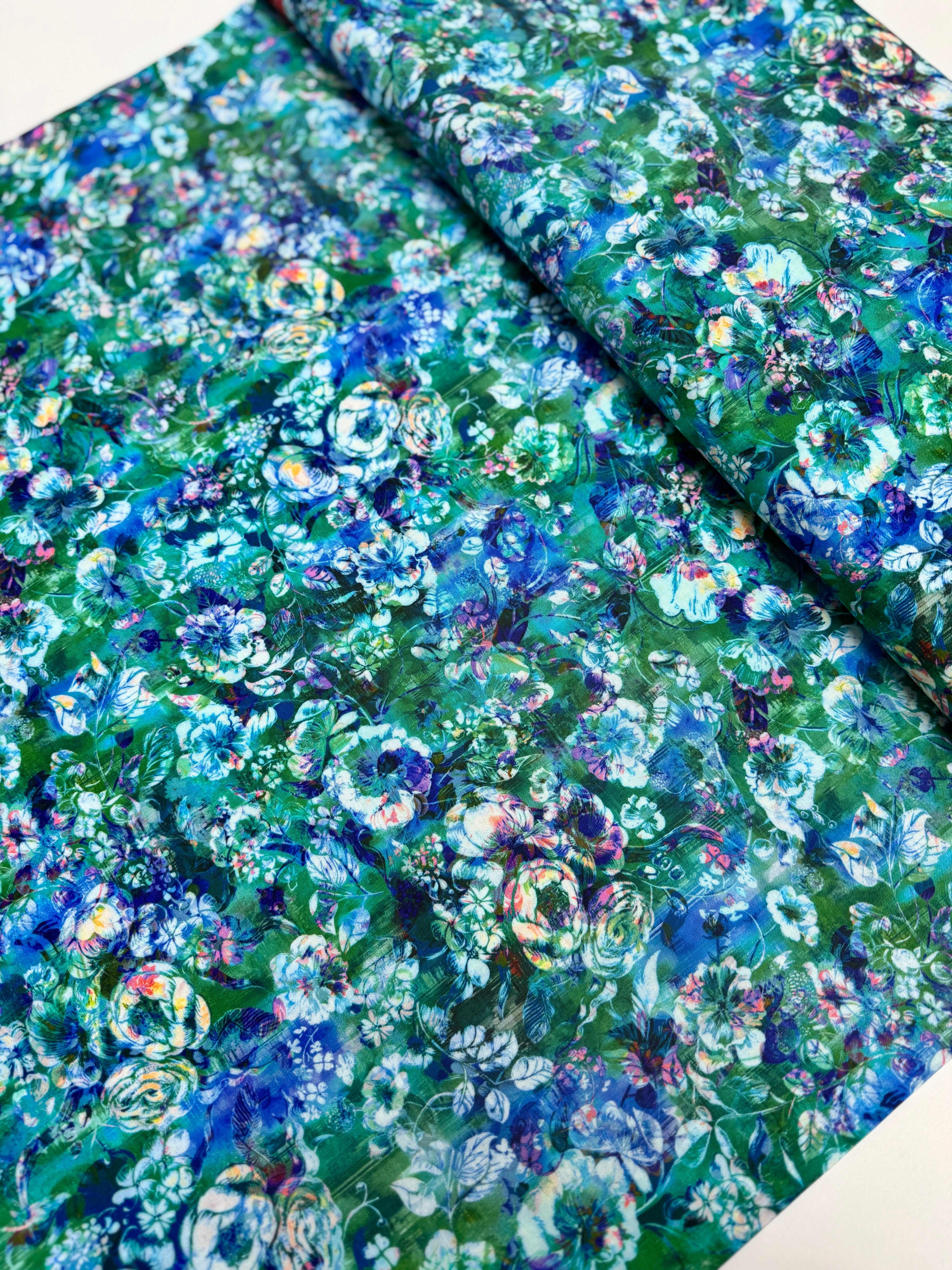 Arcadia – Textured Posie Aquamarine fabric by RJR Studio for RJR Fabrics, digitally printed floral cotton in aqua tones.