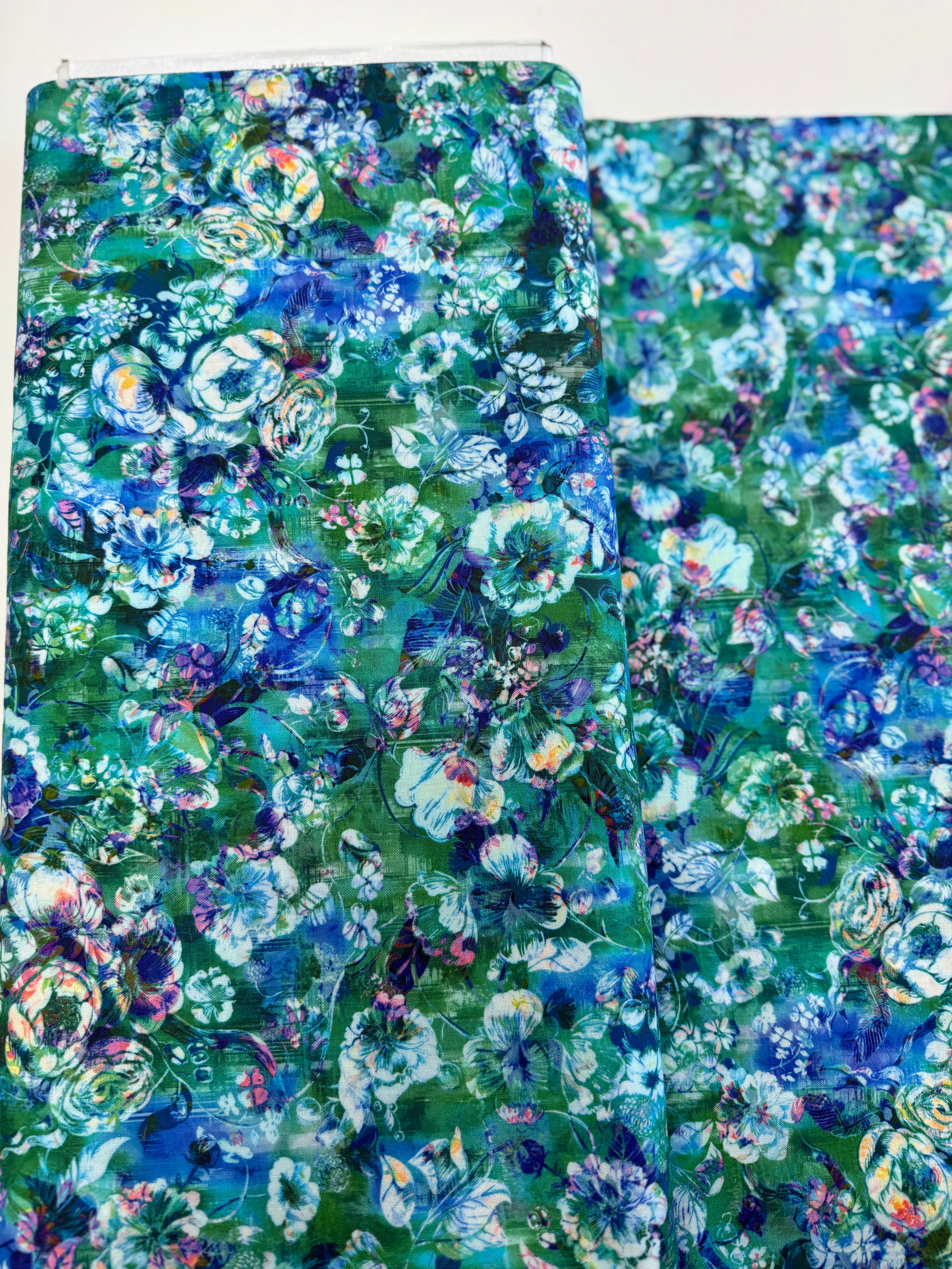 Arcadia – Textured Posie Aquamarine fabric by RJR Studio for RJR Fabrics, digitally printed floral cotton in aqua tones.