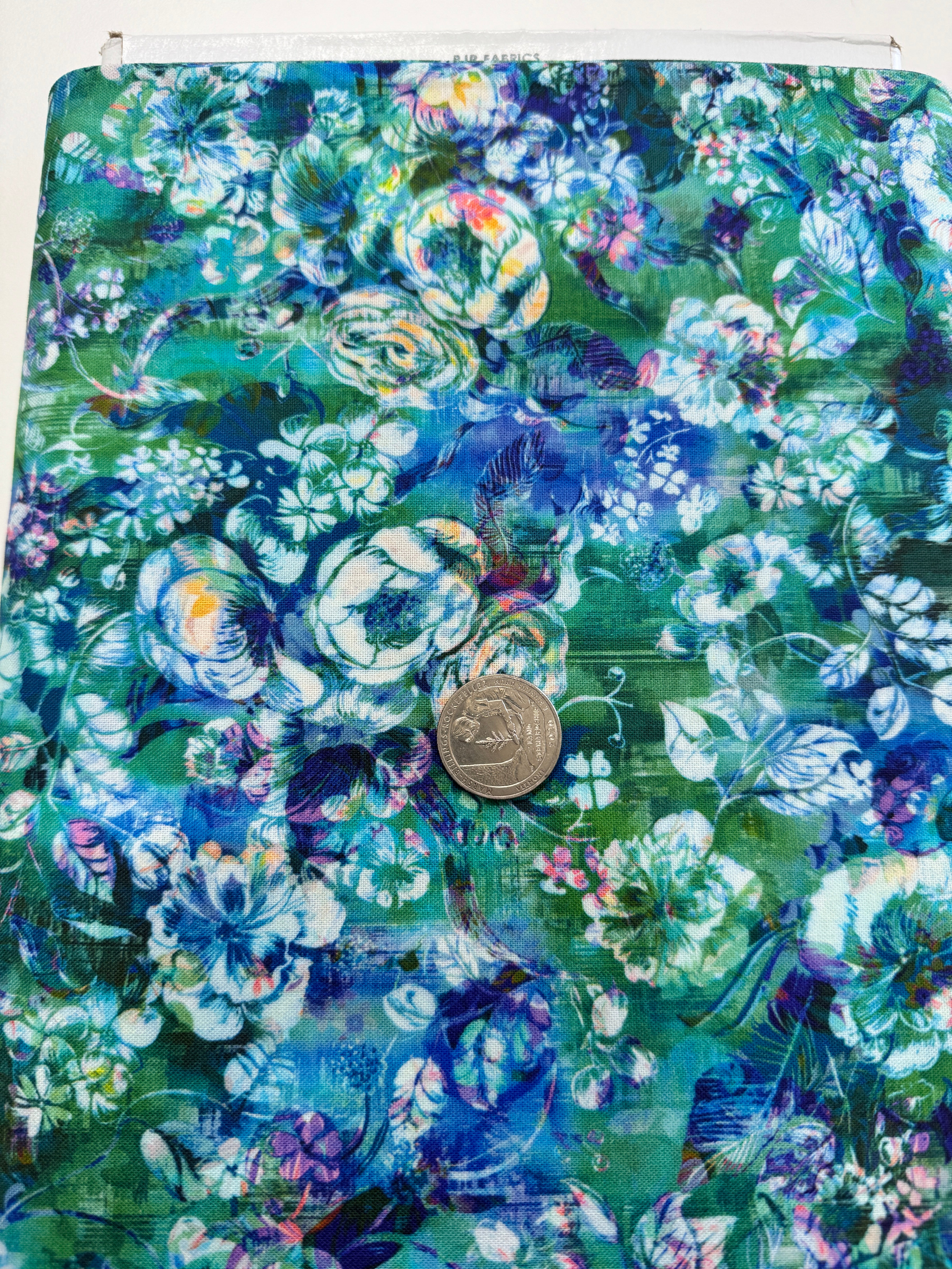 Arcadia – Textured Posie Aquamarine fabric by RJR Studio for RJR Fabrics, digitally printed floral cotton in aqua tones.