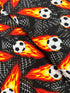 Flaming Soccer Balls Fabric – Goal! by Gail Cadden for Timeless Treasures, black cotton fabric with fiery soccer balls.