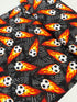 Flaming Soccer Balls Fabric – Goal! by Gail Cadden for Timeless Treasures, black cotton fabric with fiery soccer balls.