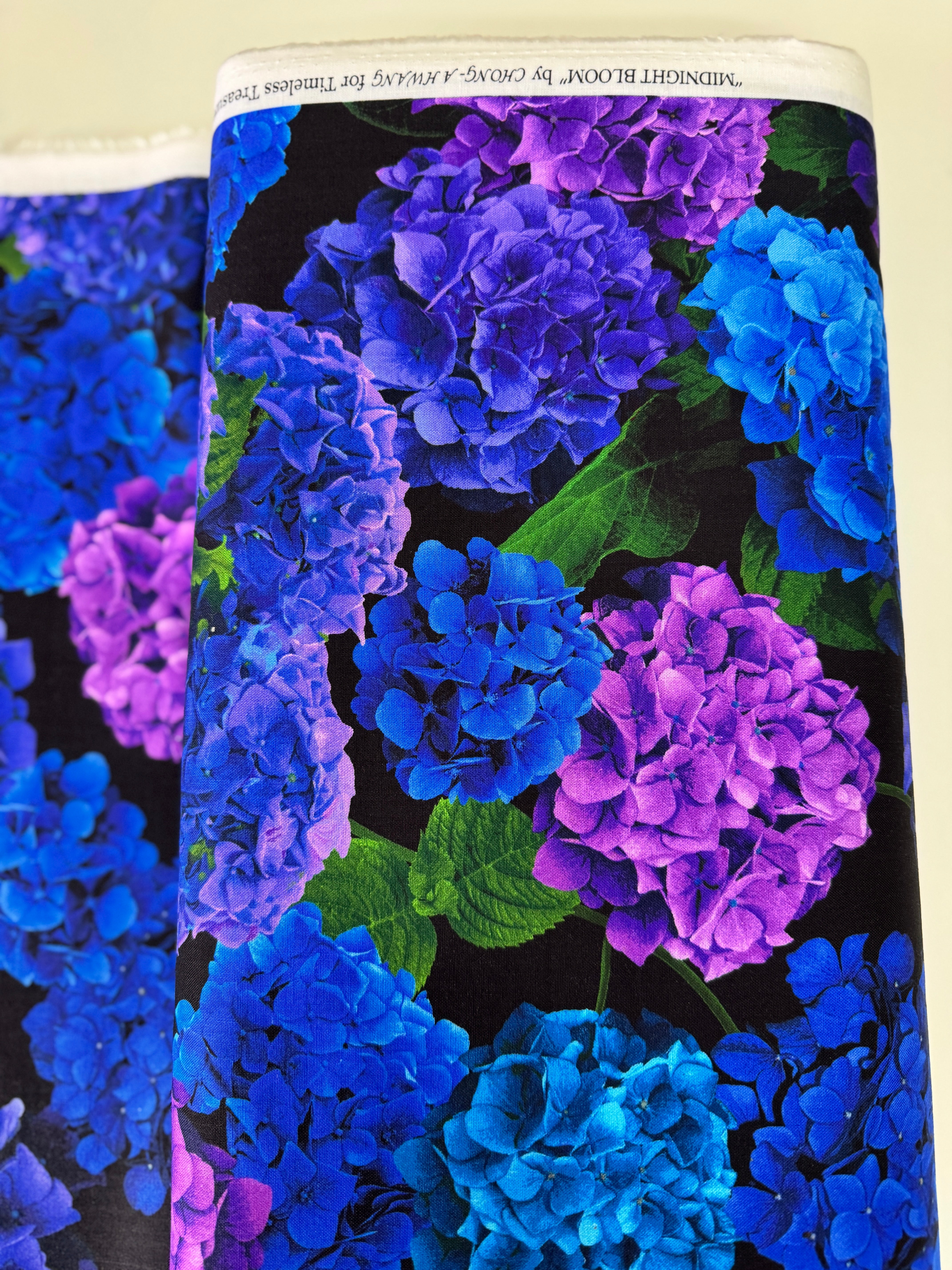 Midnight Bloom – Hydrangea Large Florals Fabric by Chong-a Hwang, digital floral cotton fabric with large hydrangeas on dark background.