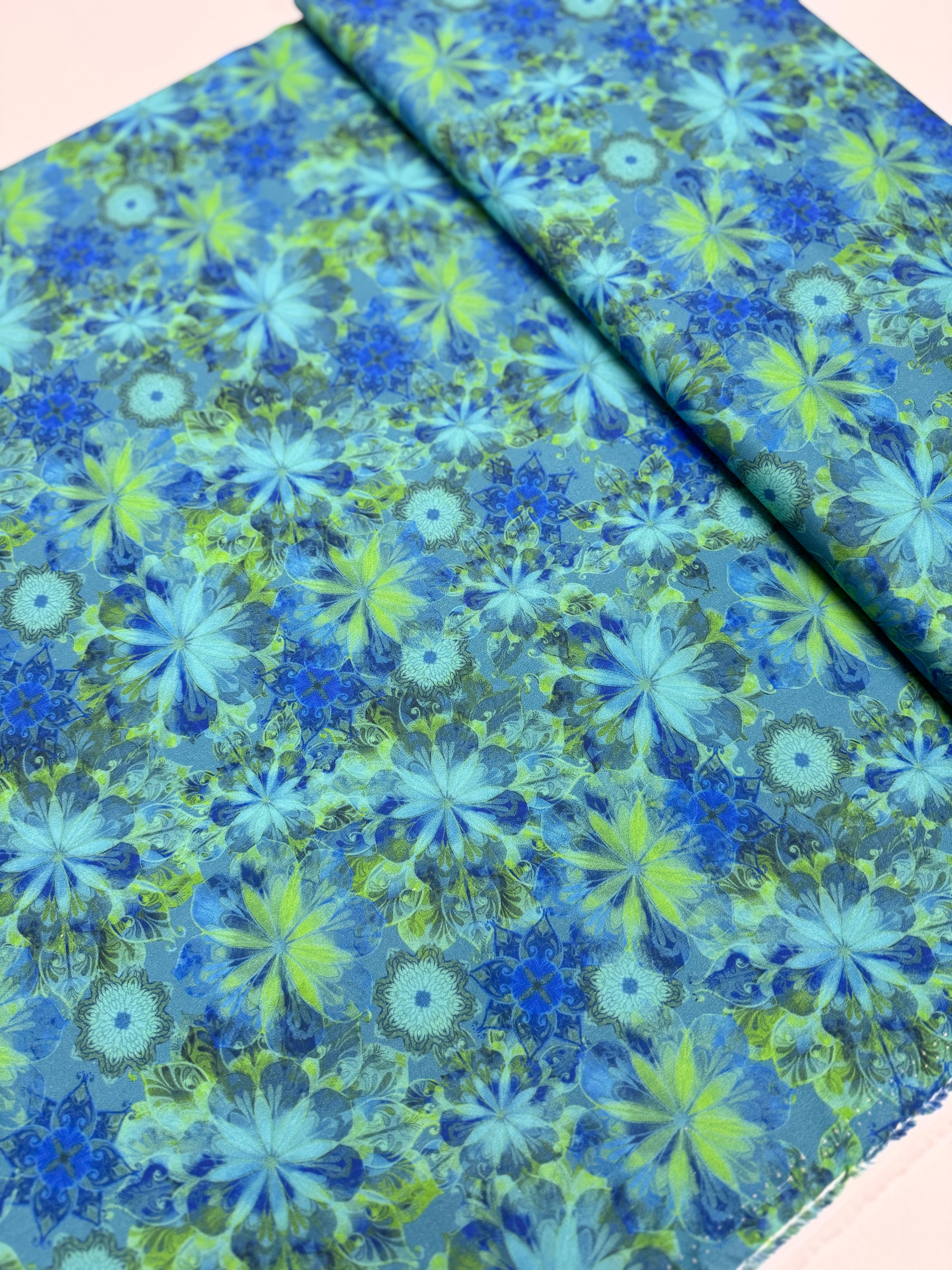 Venice – Florals Teal Fabric by Christiane Marques for Robert Kaufman, painterly cotton floral on teal background.