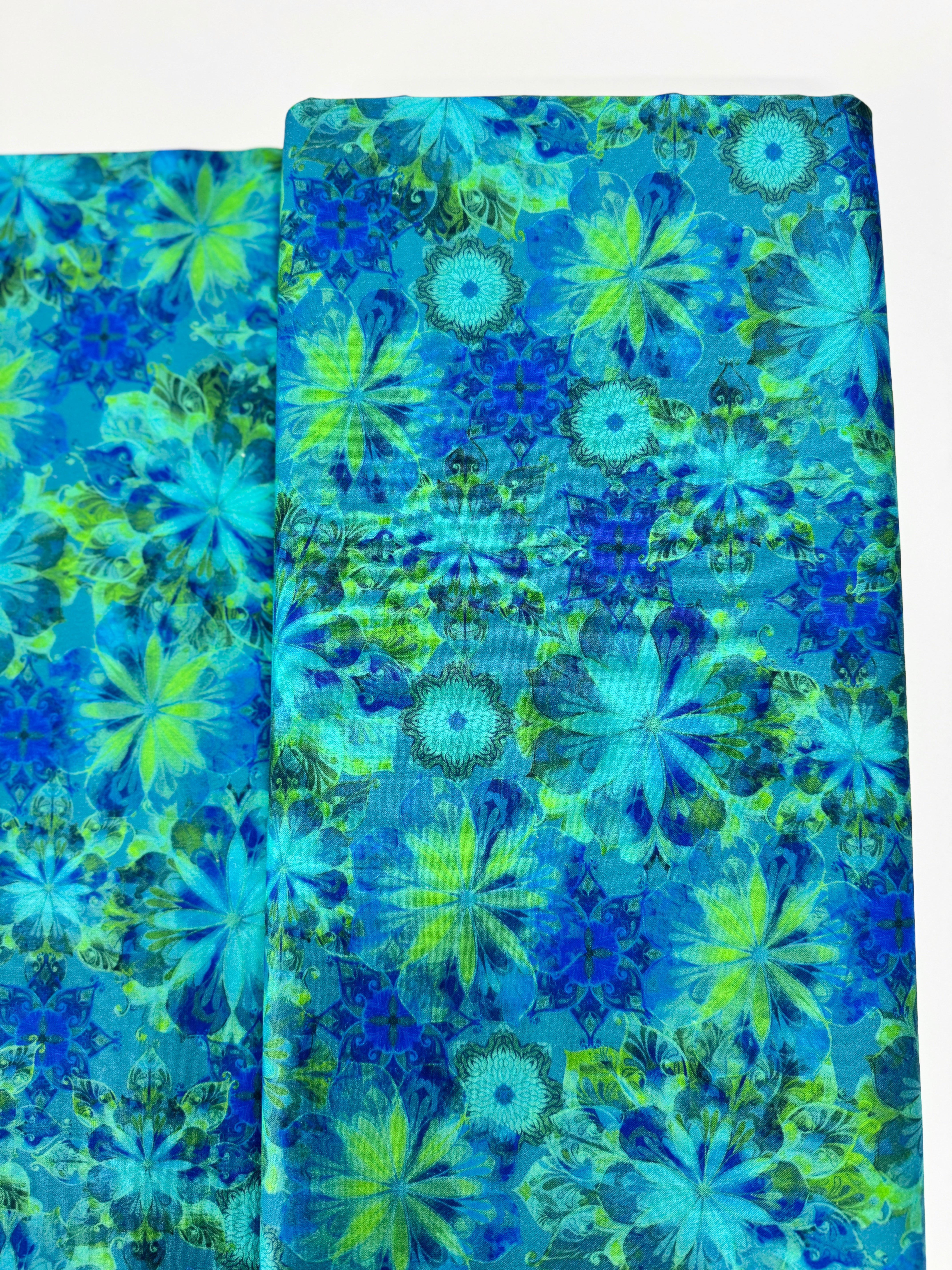 Venice – Florals Teal Fabric by Christiane Marques for Robert Kaufman, painterly cotton floral on teal background.