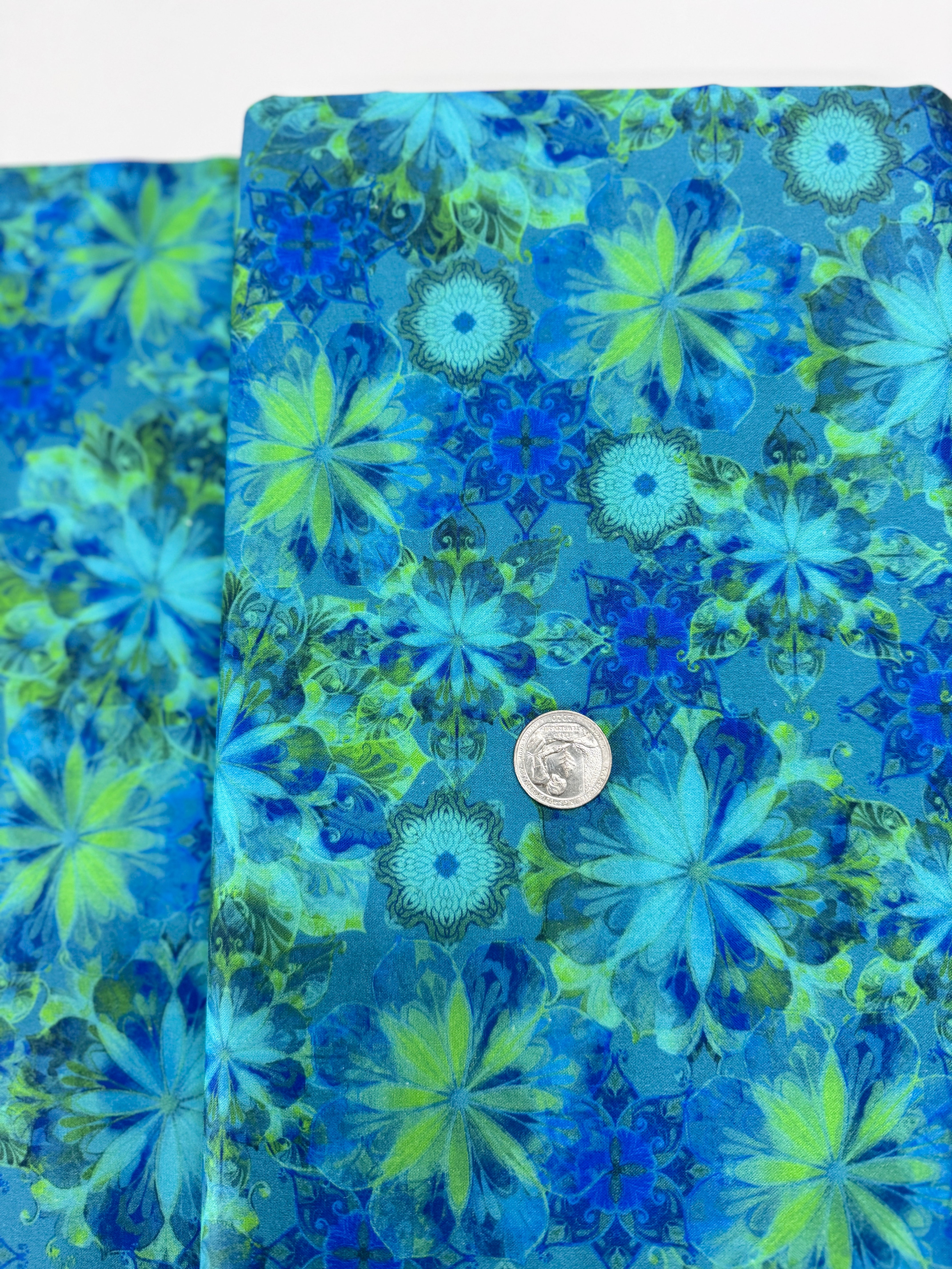 Venice – Florals Teal Fabric by Christiane Marques for Robert Kaufman, painterly cotton floral on teal background.